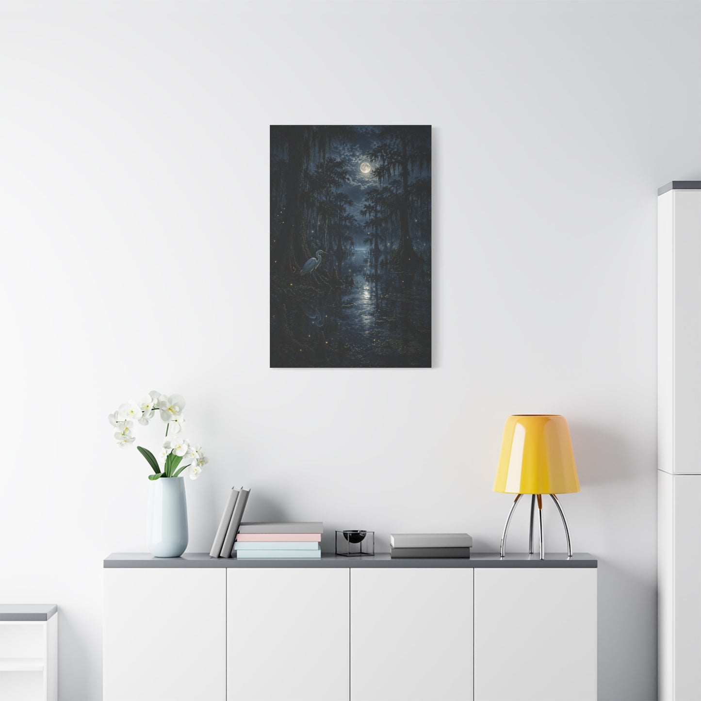 Moonlit Bayou Heron Scene Wall Art & Canvas Print