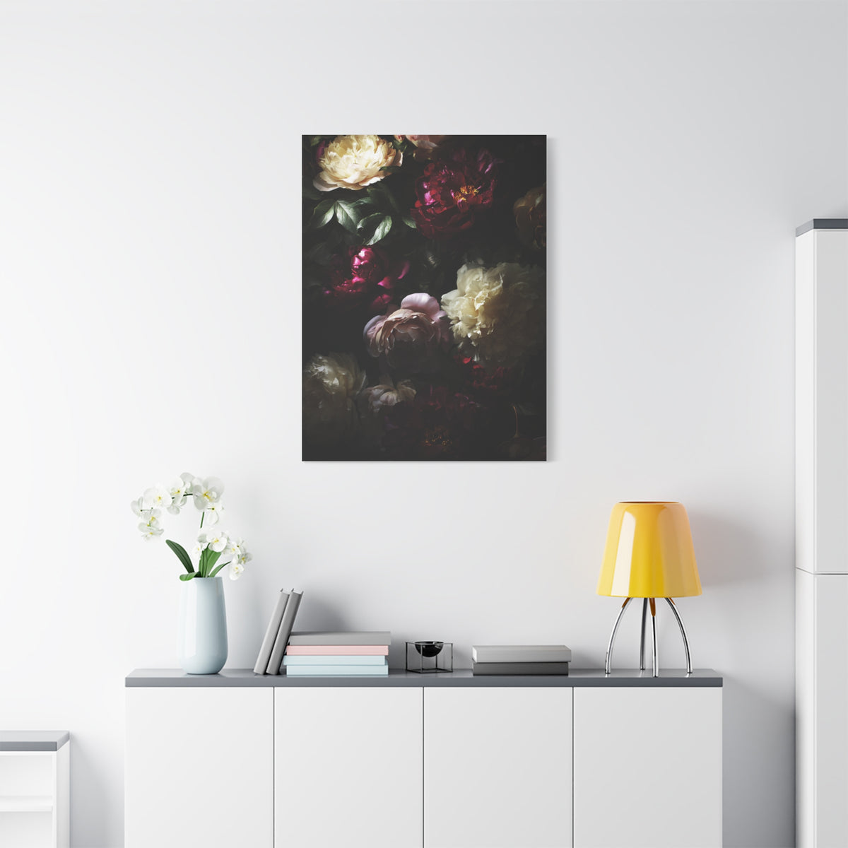 Luminous Peonies on Dark Background Wall Art & Canvas Print