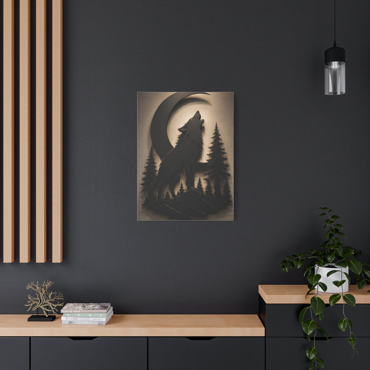 Matte Black Howling Wolf Moon Silhouette Wall Art & Canvas Print