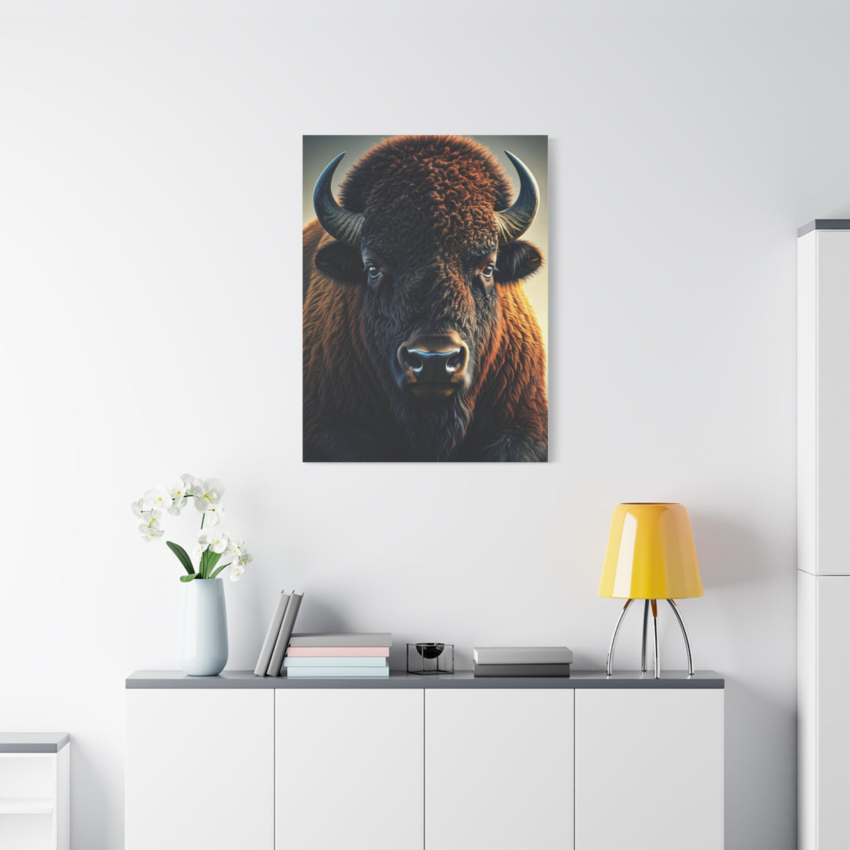 Classic Frontal American Bison Portrait with Soft Neutral Backdrop Wall Art & Canvas Print