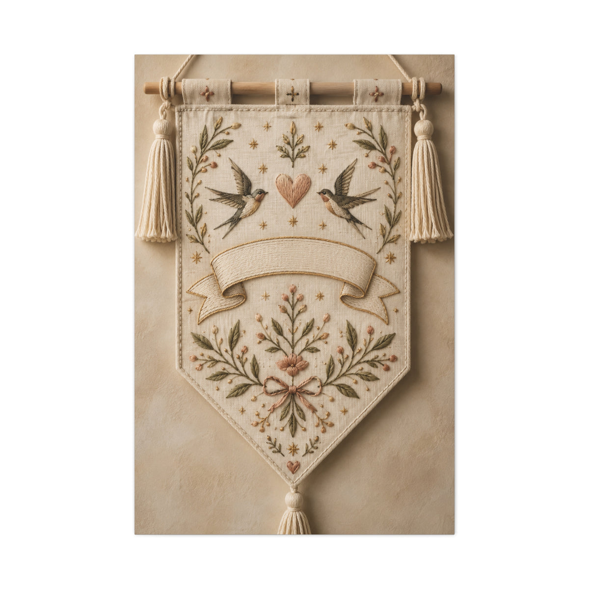 Hand-Embroidered Romantic Birds Textile Wall Art & Canvas Print
