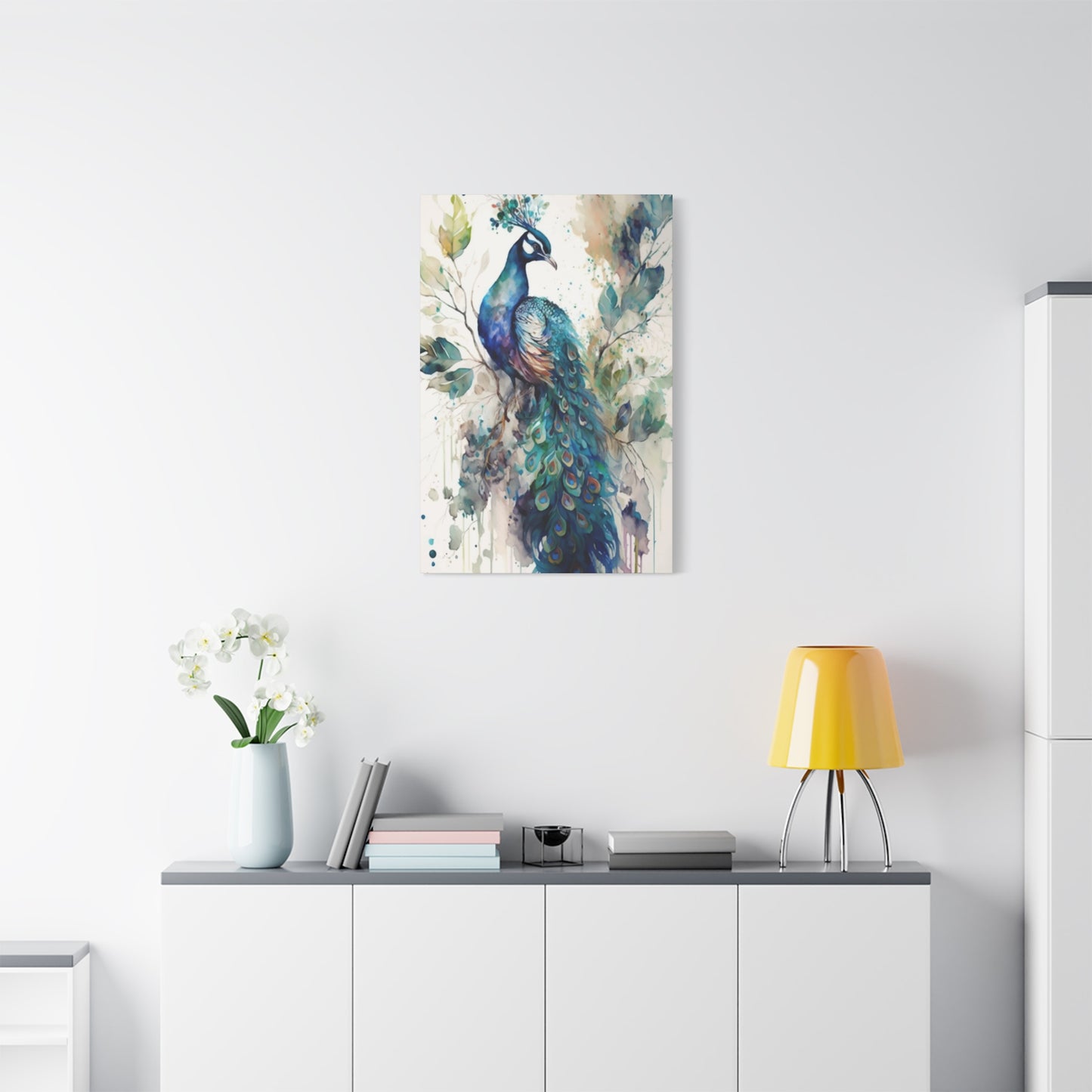 Peacock on branch Wall Art & Canvas Prints