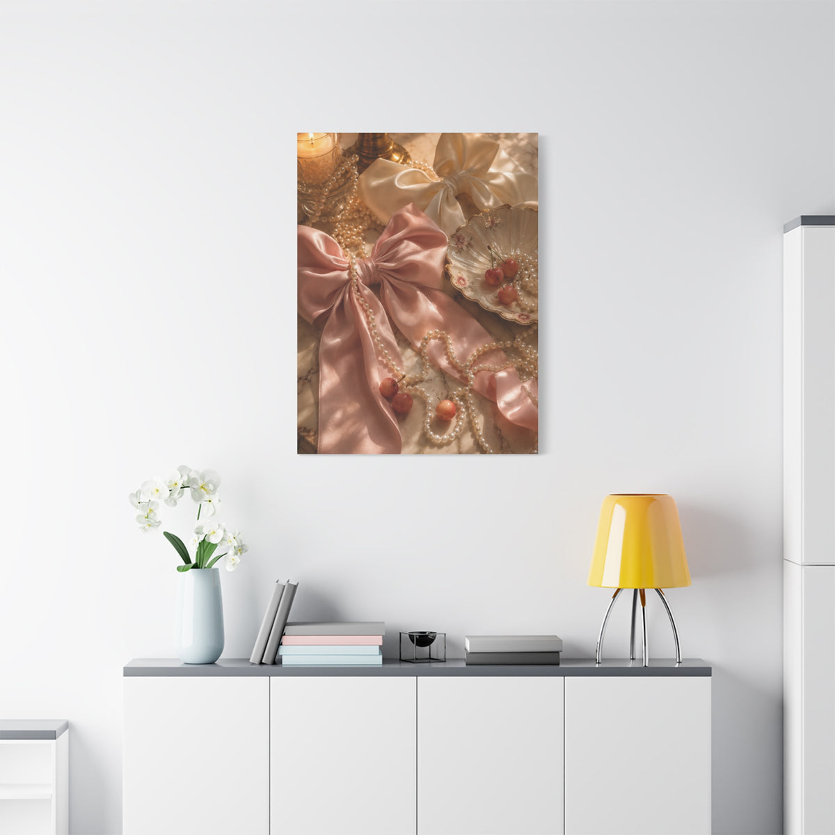 Coquette Silk Bow & Pearl Still Life Wall Art & Canvas Print