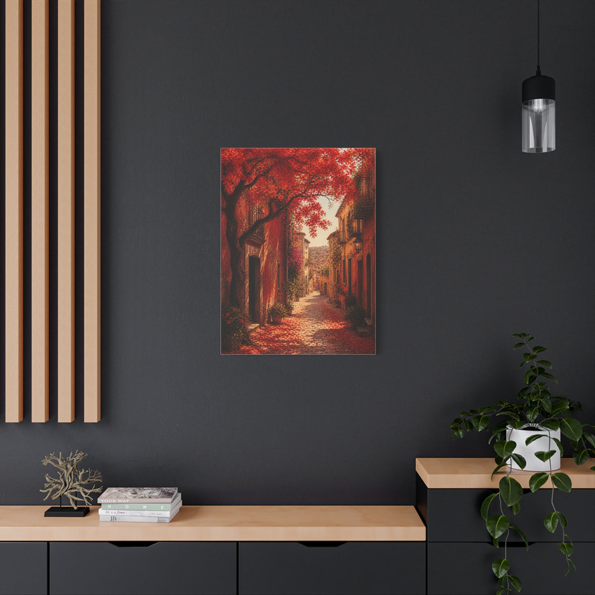 Autumn Red Blossom Street Scene Wall Art & Canvas Print