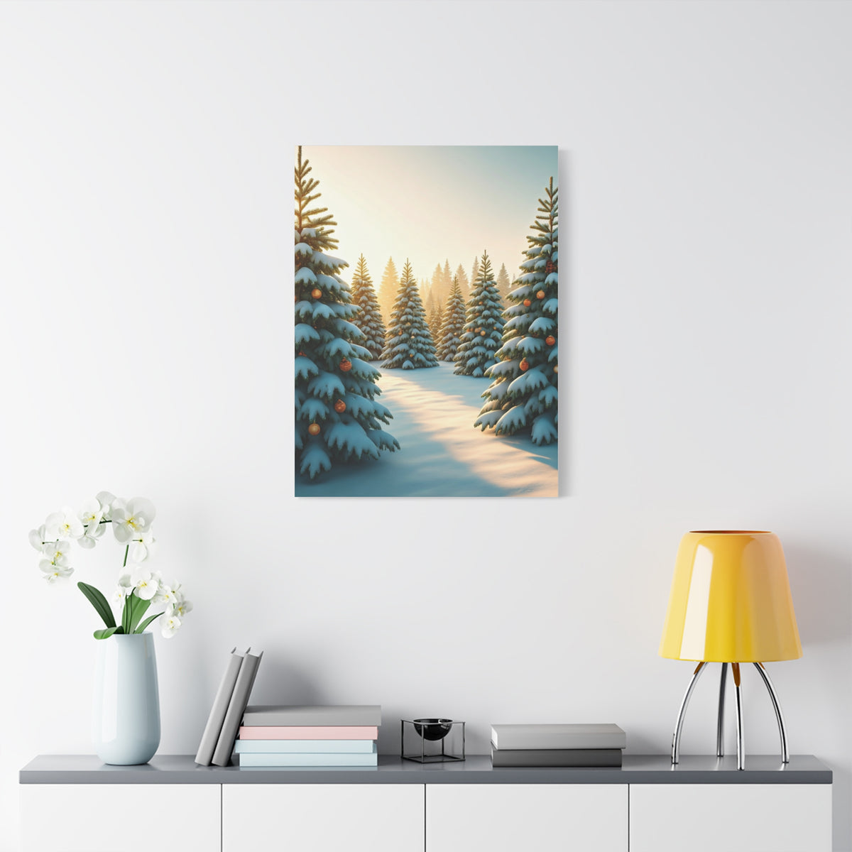 Snow Covered Christmas Tree Forest Under Winter Light Wall Art & Canvas Print