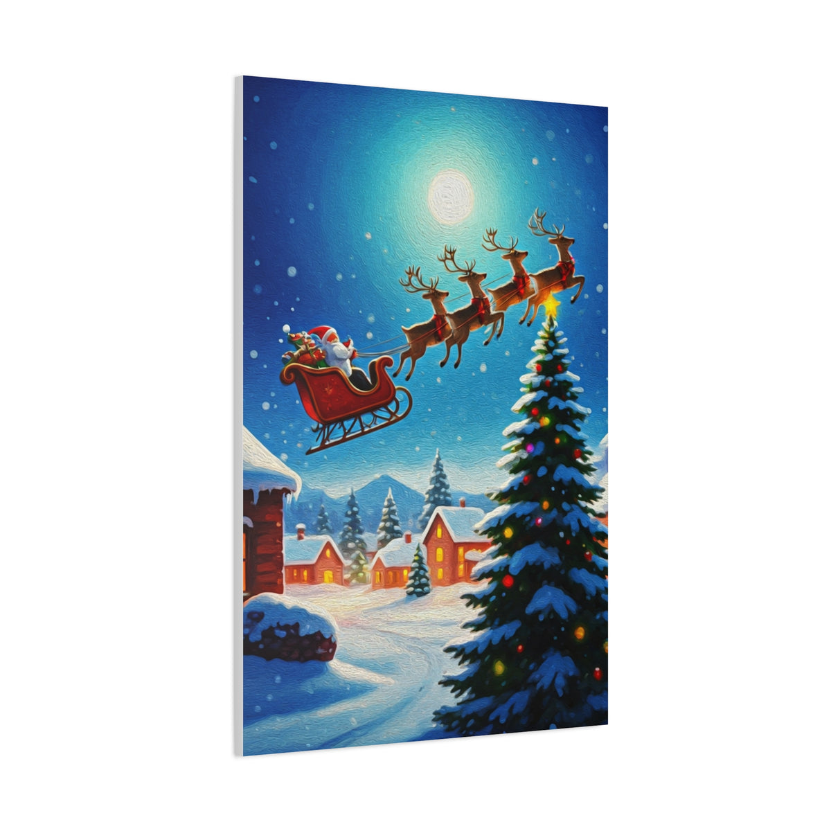 Santa Sleigh Flying Over Snowy Christmas Village Wall Art & Canvas Print