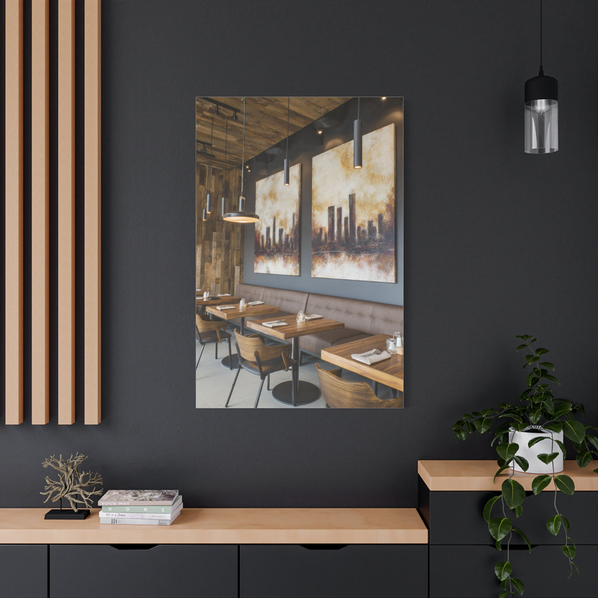 Elegant City Skyline Café Interior Wall Art & Canvas Print