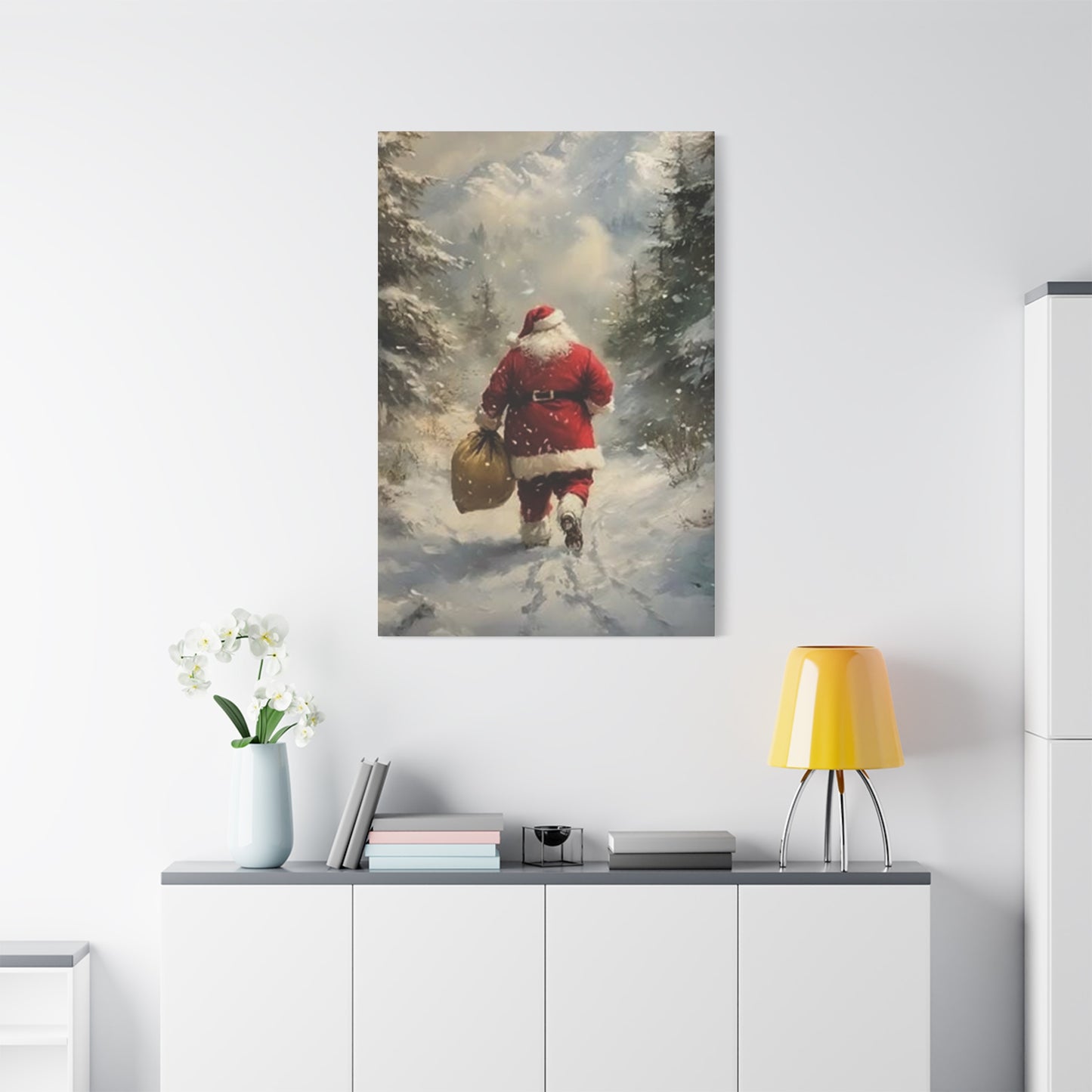 Santa Claus Running In Snow Wall Art & Canvas Prints