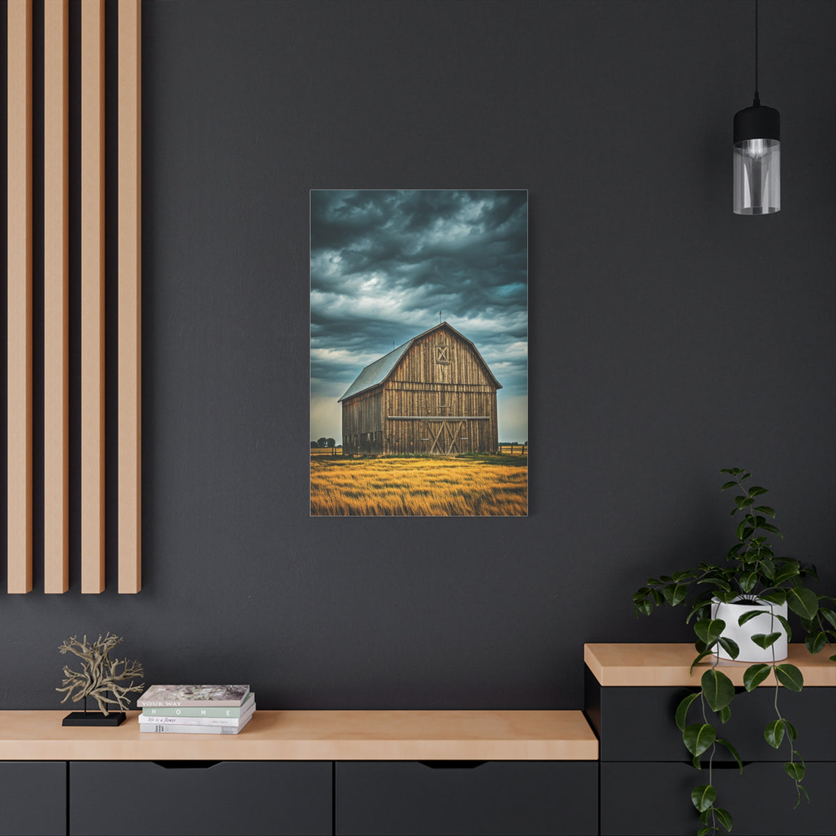 Classic Wooden Barn Beneath Rolling Clouds Wall Art & Canvas Prints