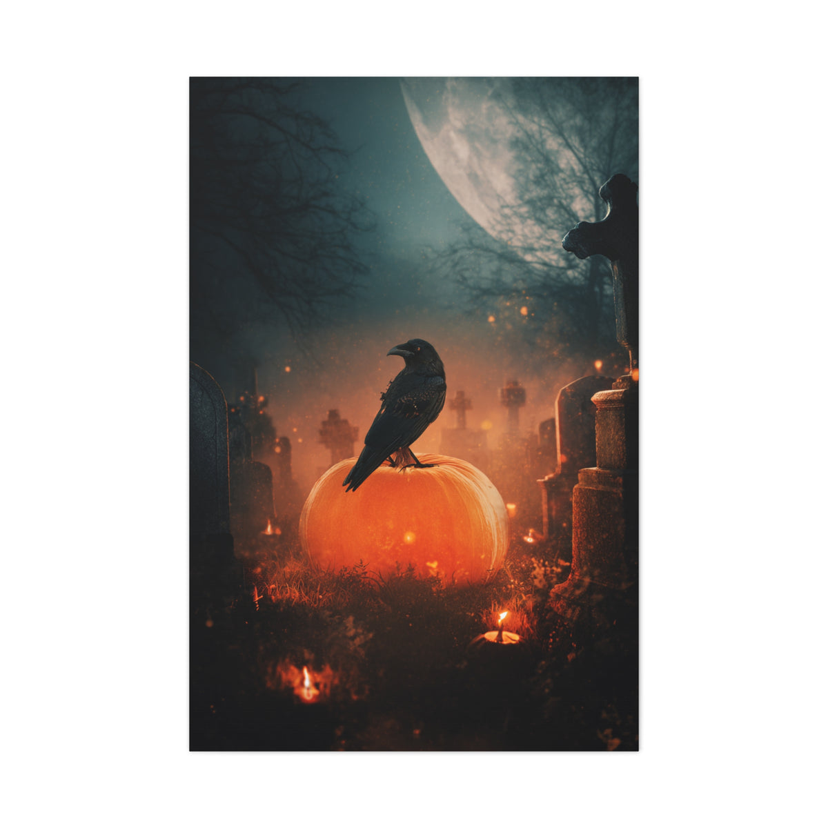 Crow on Pumpkin in Moonlit Graveyard Wall Art & Canvas Print