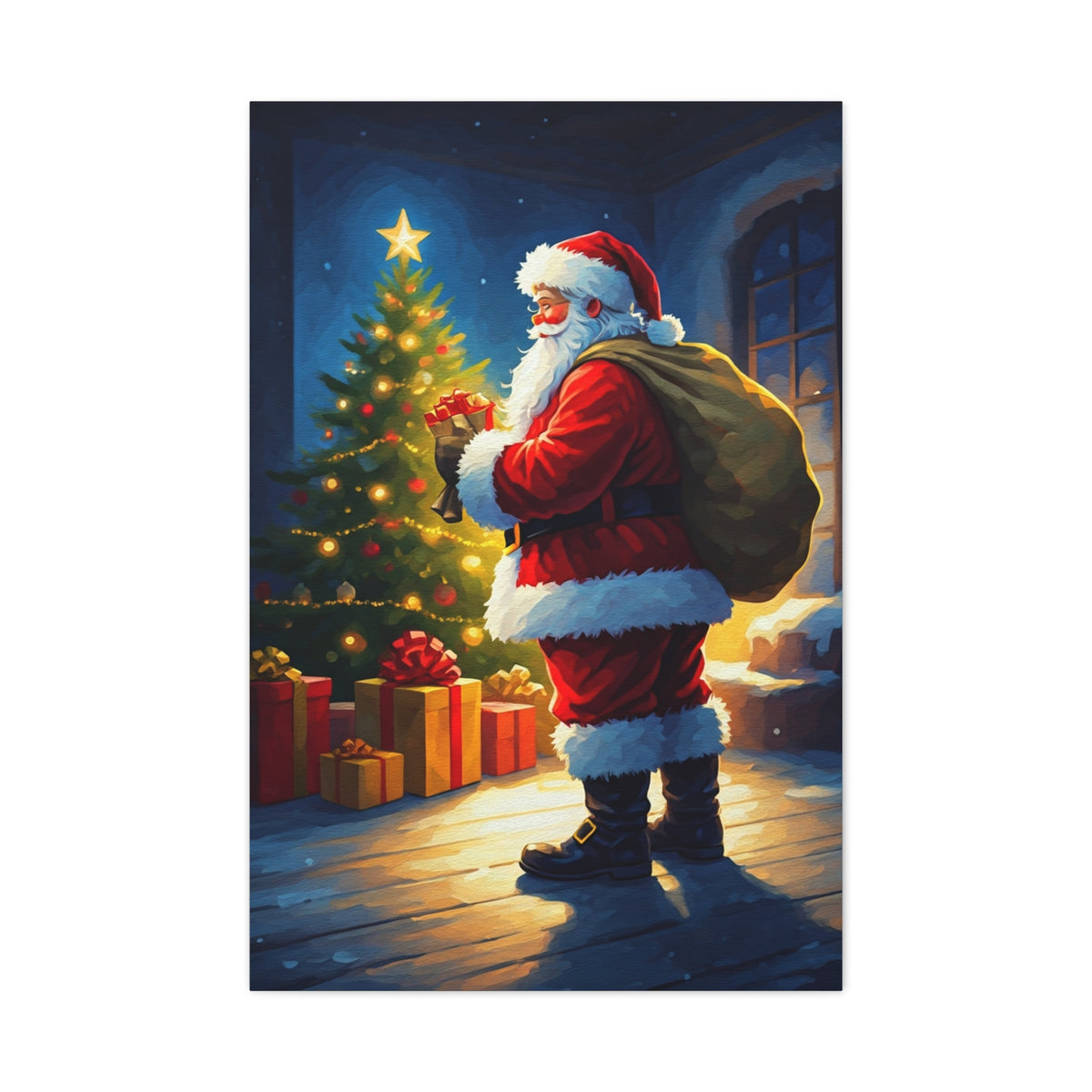 Painted Santa Delivering Gifts at Christmas Night Wall Art & Canvas Print