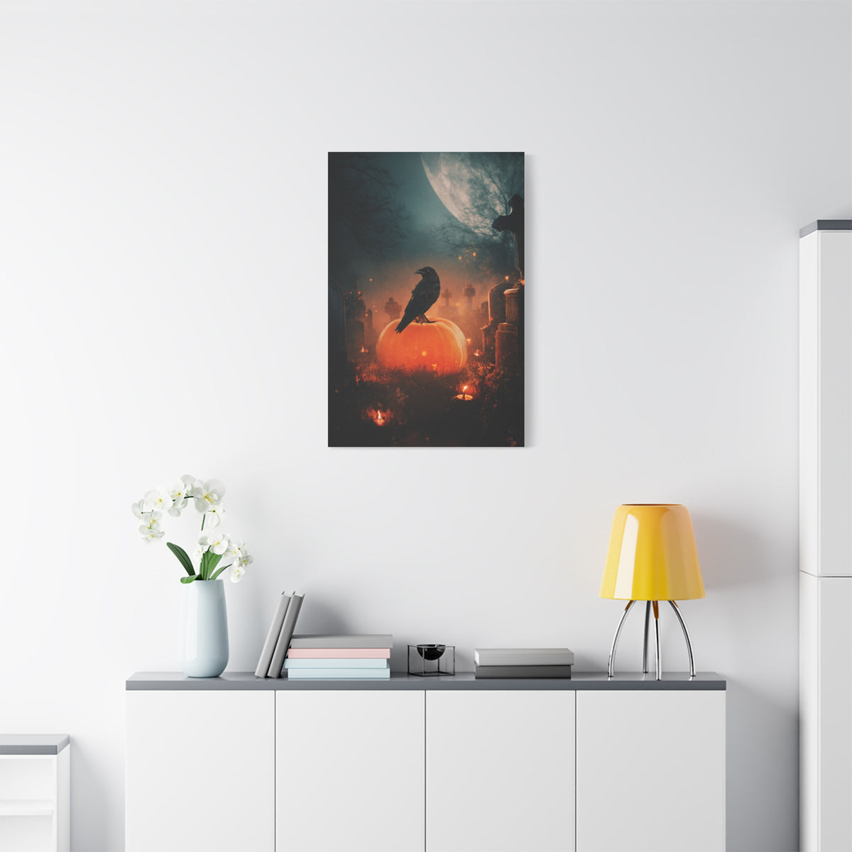 Crow on Pumpkin in Moonlit Graveyard Wall Art & Canvas Print