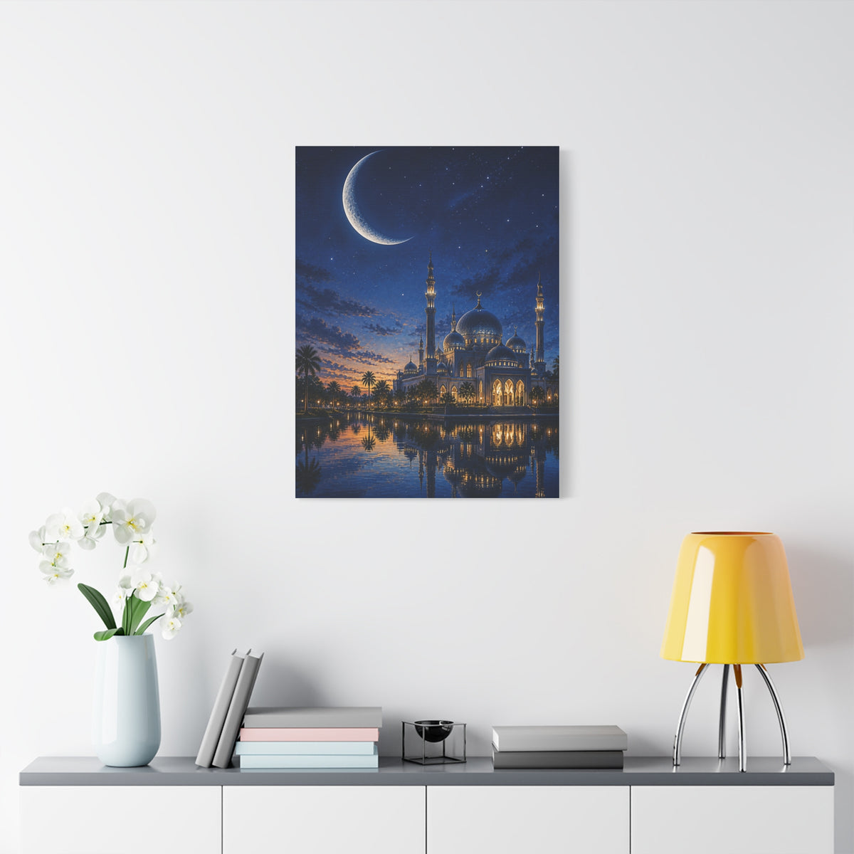 Crescent Moon Mosque Reflection Wall Art & Canvas Print