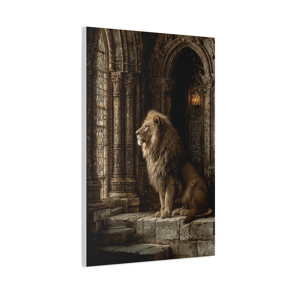Lion in Ancient Stone Hall Royal Guardian Wall Art & Canvas Print