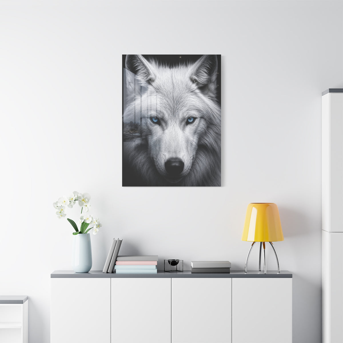 White Wolf Blue Eyes Monochrome Portrait Wall Art & Canvas Print