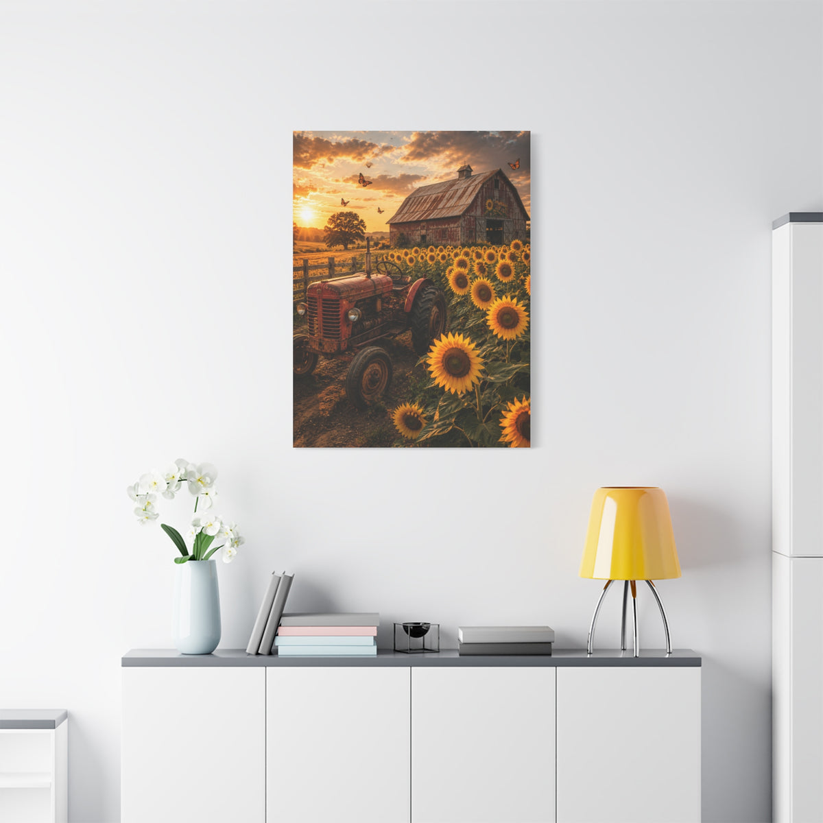 Rustic Farmhouse Sunflower Field Tractor Wall Art & Canvas Print