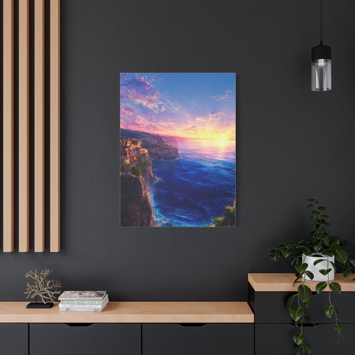 Coastal Village Cliffs at Golden Sunset Wall Art & Canvas Print