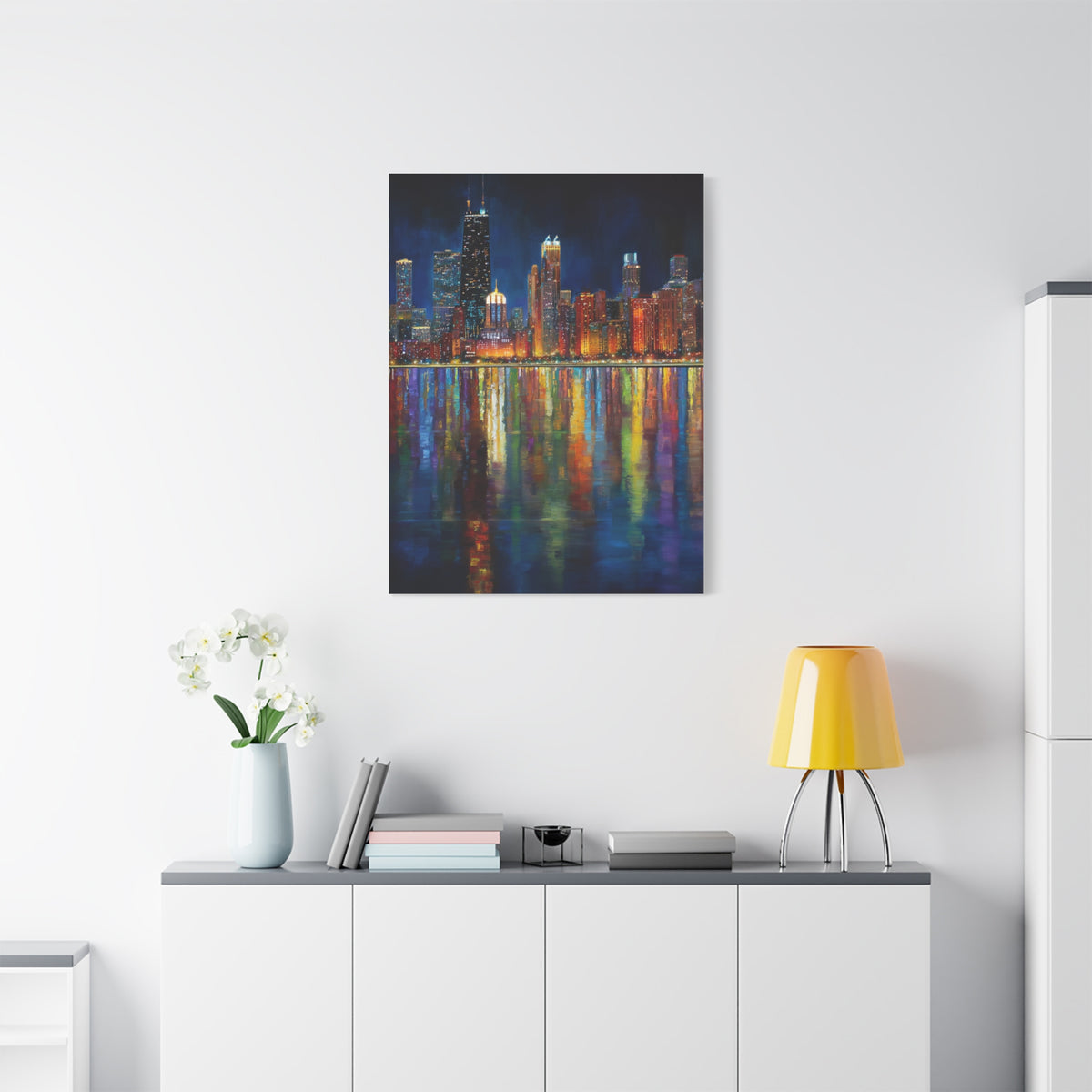 Chicago Skyline Night Reflections Wall Art & Canvas Print