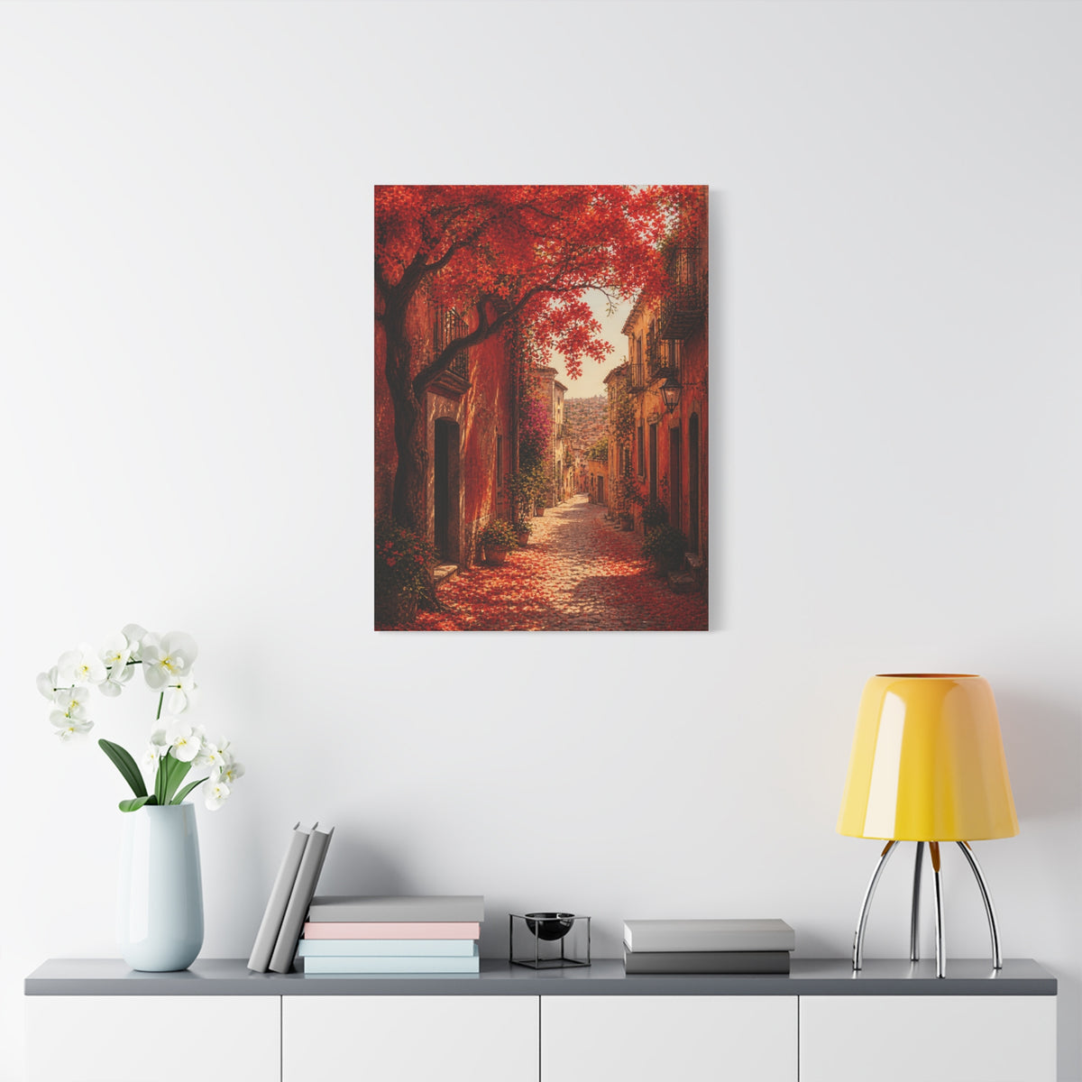 Autumn Red Blossom Street Scene Wall Art & Canvas Print