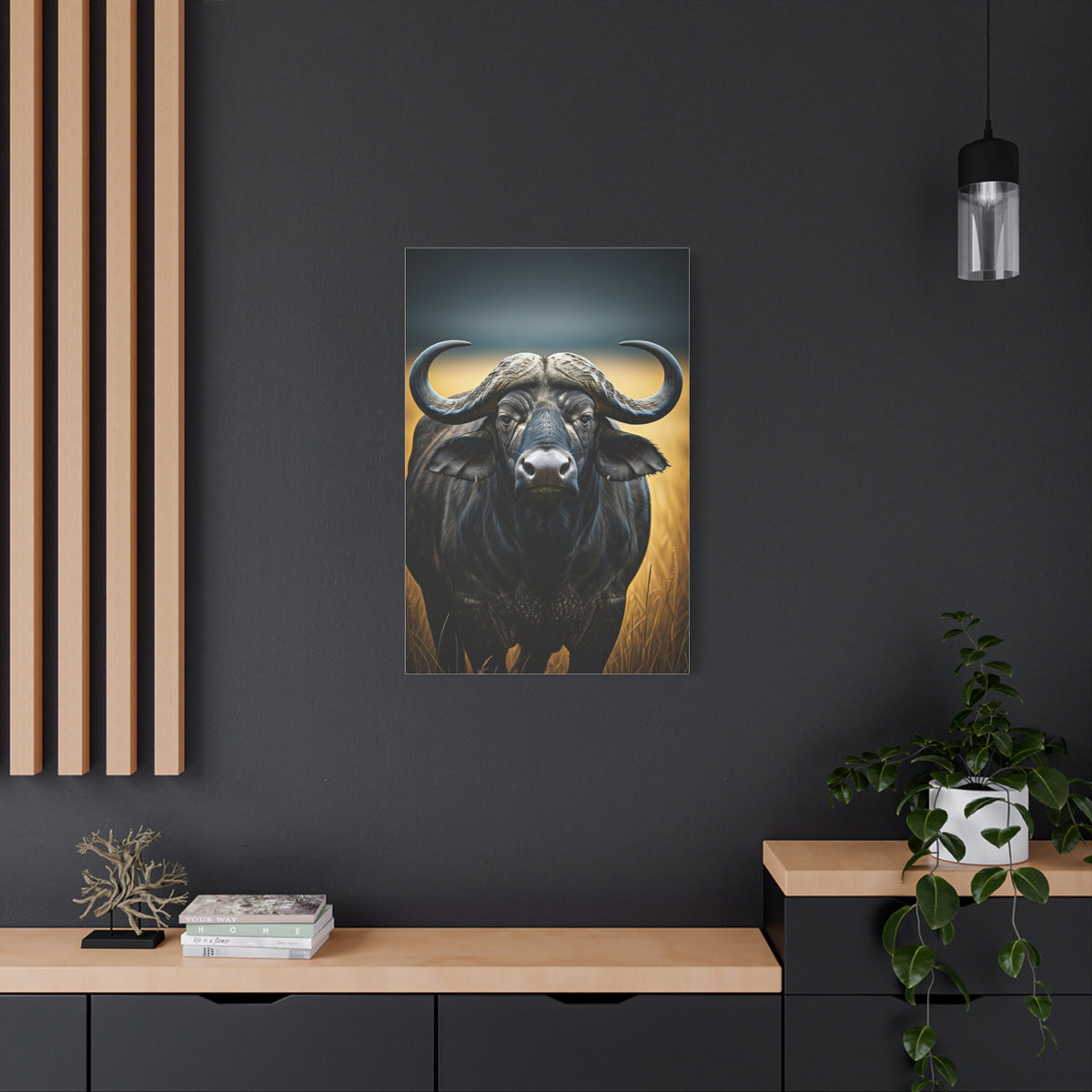 Cape Buffalo Symmetrical Portrait with Golden Backlight Wall Art & Canvas Print