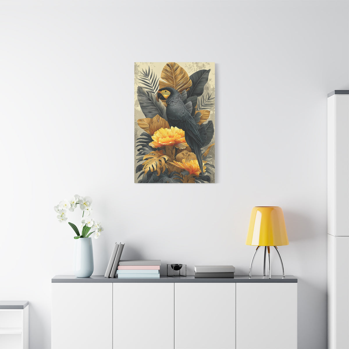 Black and Gold Tropical Parrot Wall Art & Canvas Print