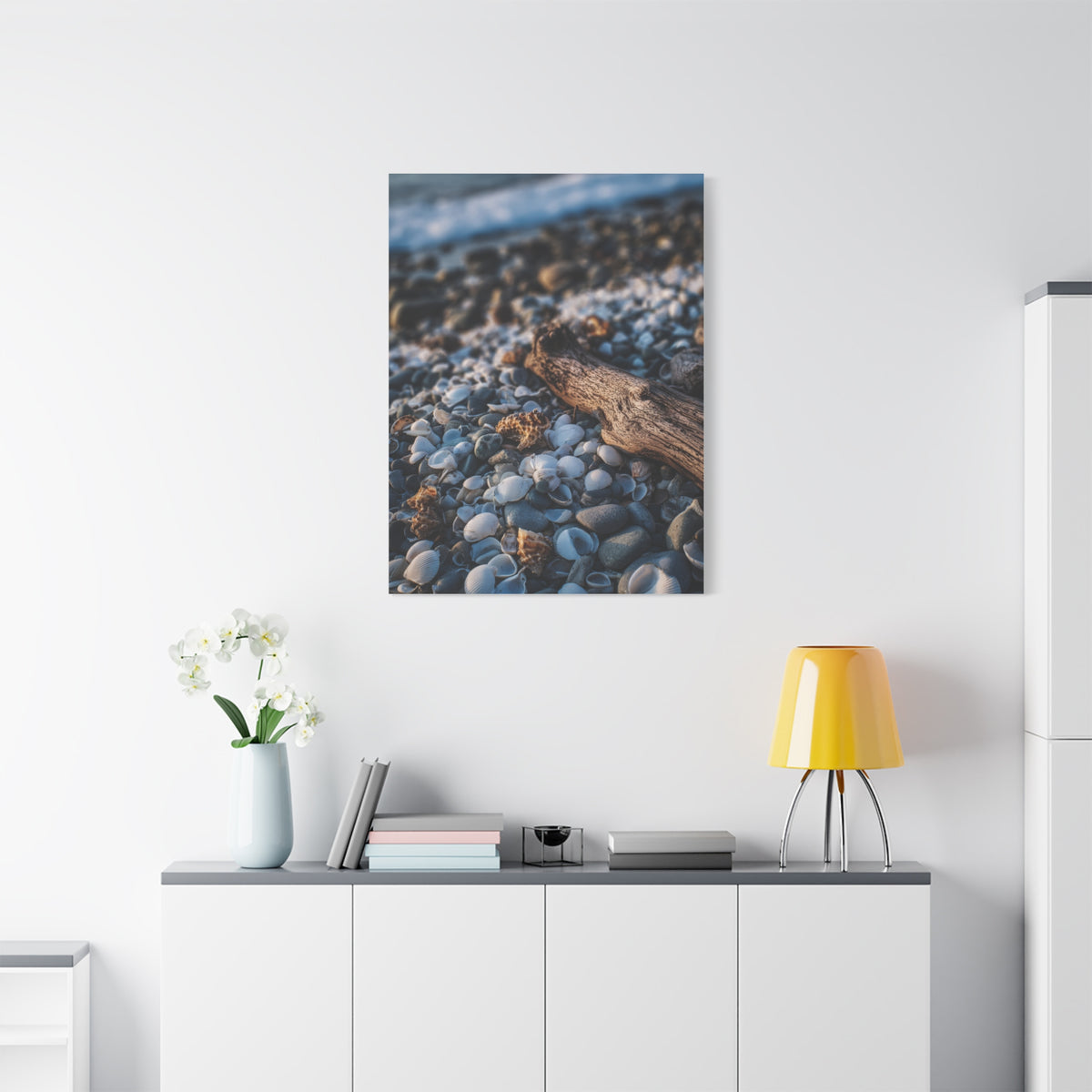 Rocky Shoreline with Seashells and Driftwood Wall Art & Canvas Print