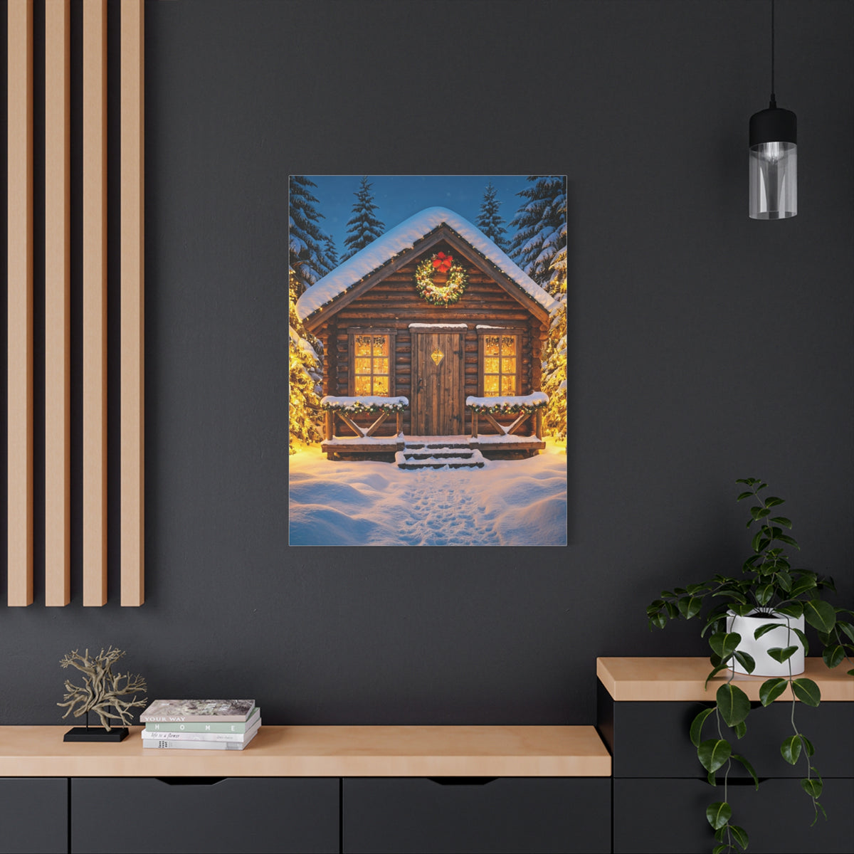 Cozy Snowy Christmas Cabin Among Pine Trees Wall Art & Canvas Print