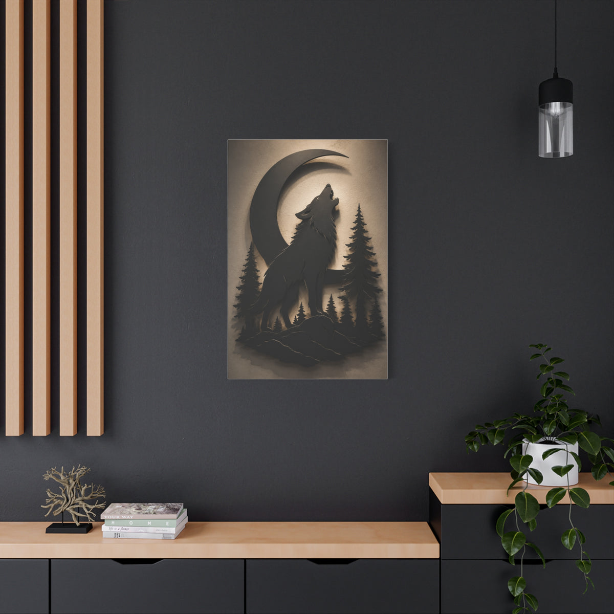 Matte Black Howling Wolf Moon Silhouette Wall Art & Canvas Print