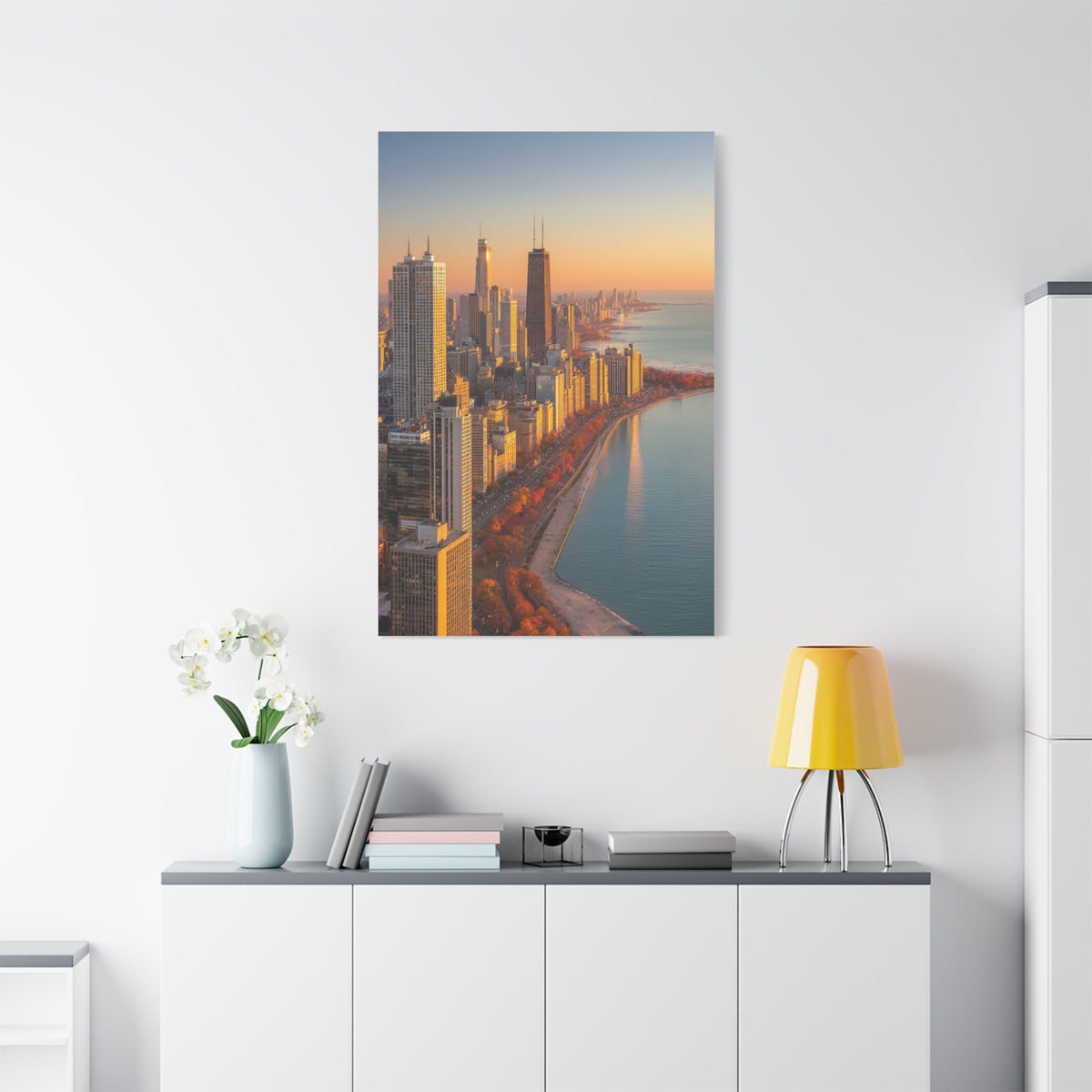 Chicago Skyline Autumn Sunset Along Lake Michigan Wall Art & Canvas Print