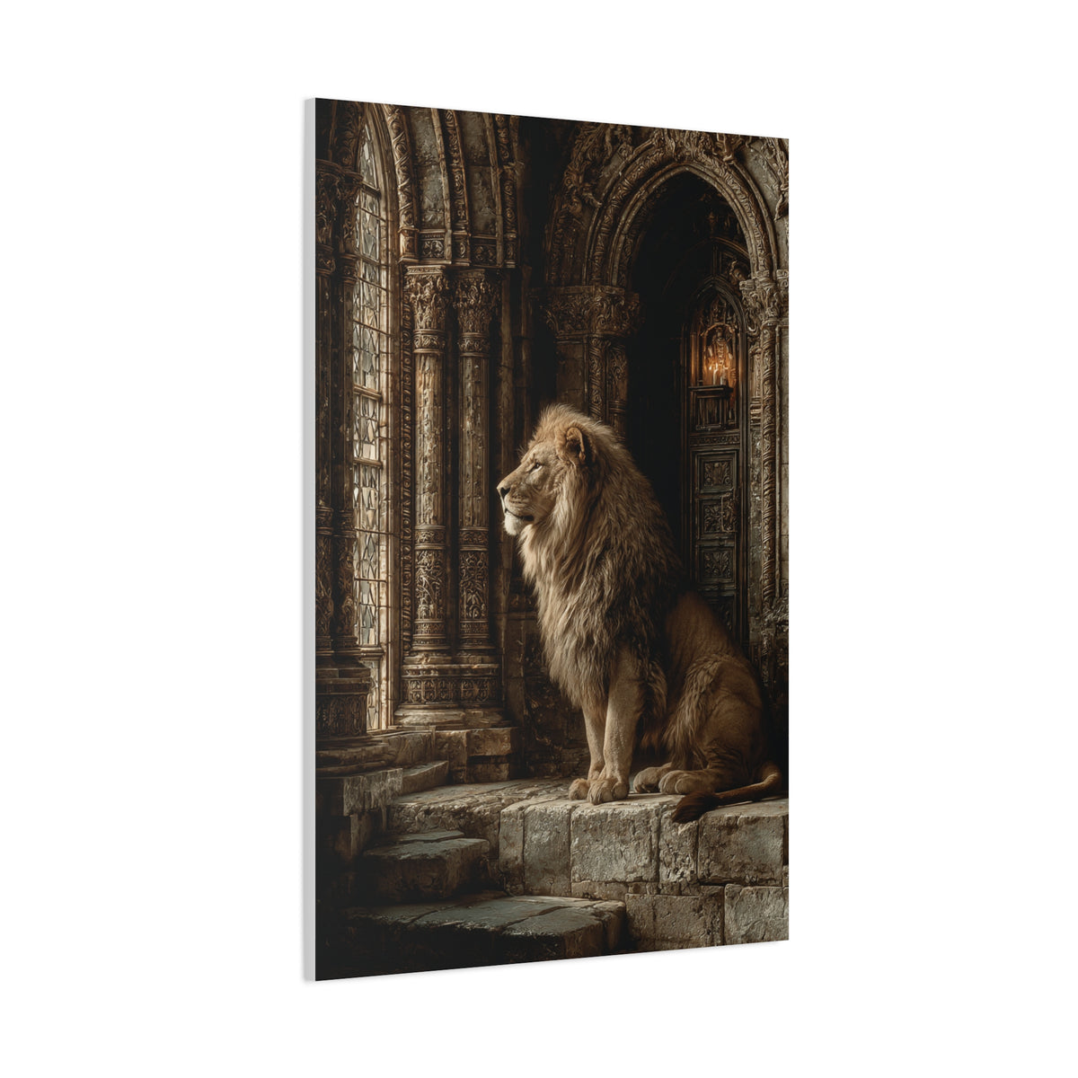 Lion in Ancient Stone Hall Royal Guardian Wall Art & Canvas Print