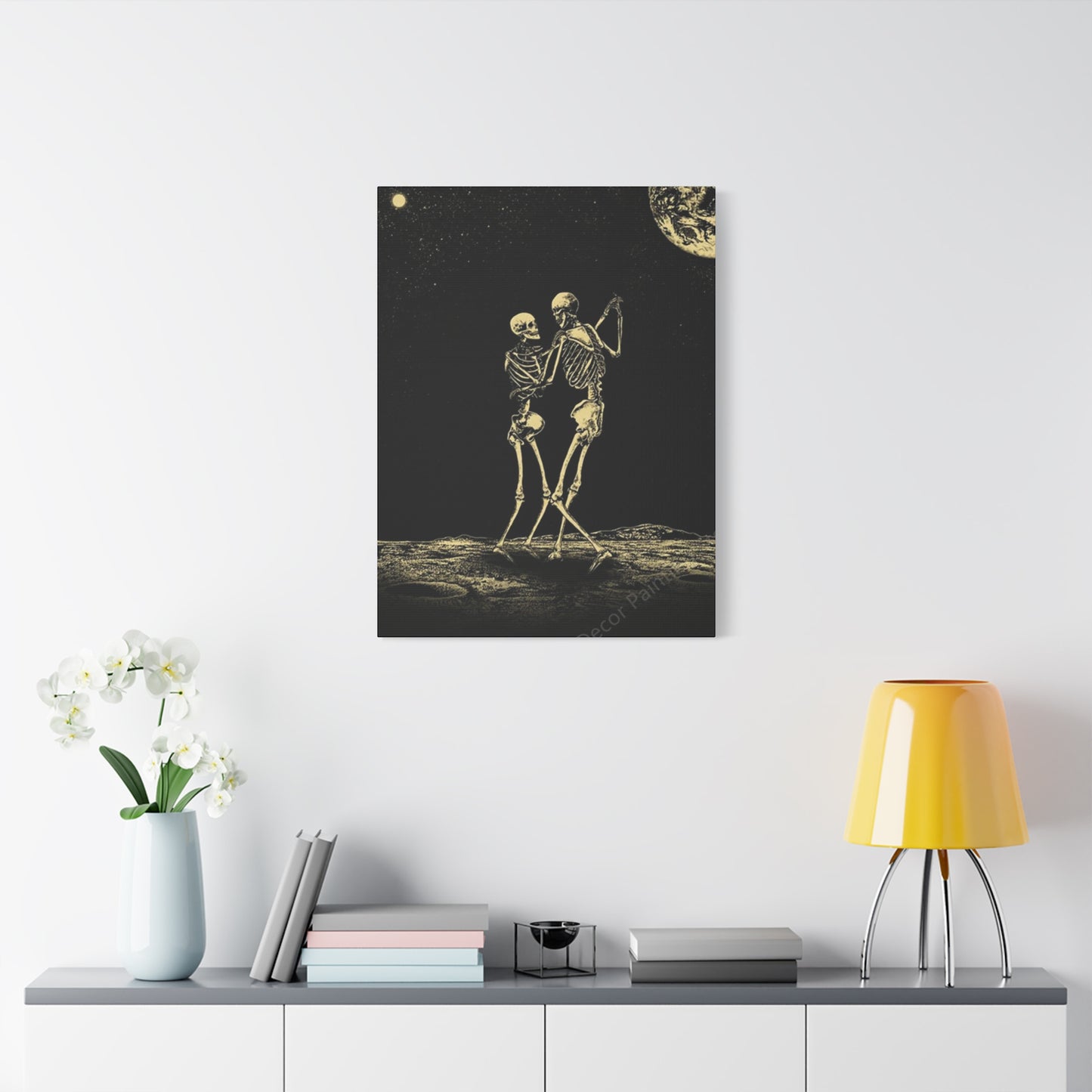 Dancing Skeleton On Moon Wall Art & Canvas Prints