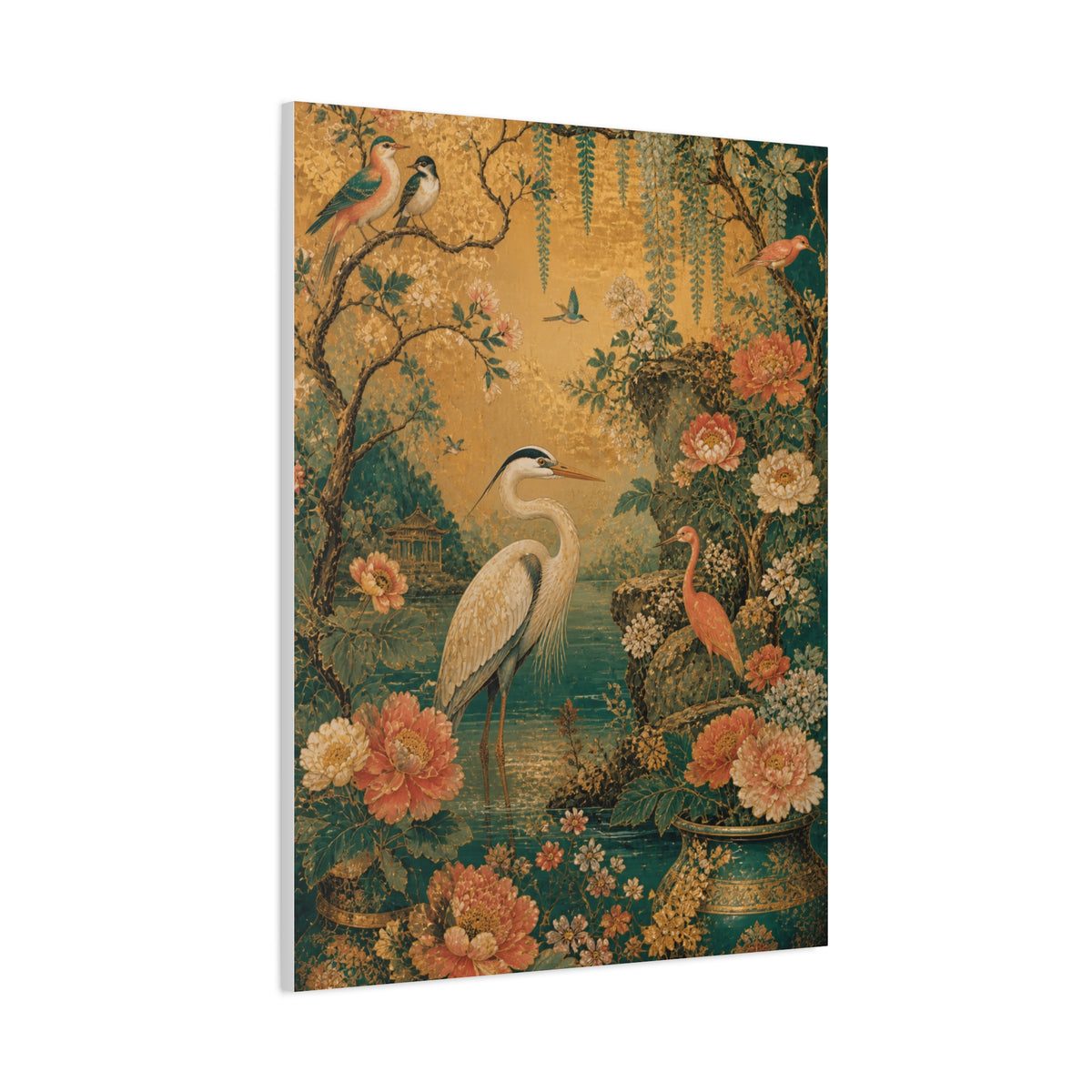 Golden Chinoiserie Garden Scene Wall Art & Canvas Print