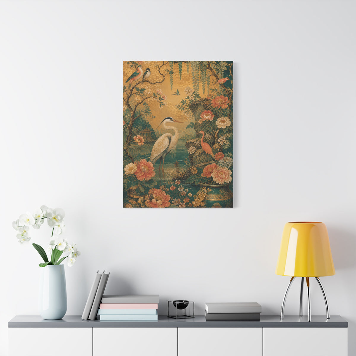 Golden Chinoiserie Garden Scene Wall Art & Canvas Print