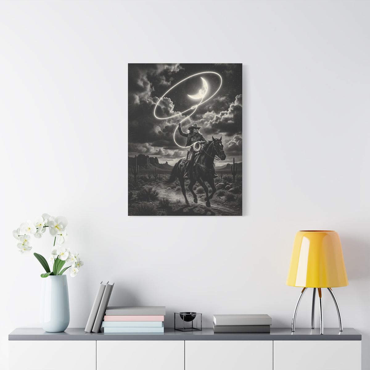 Moon Lasso Cowgirl Night Scene Wall Art & Canvas Print