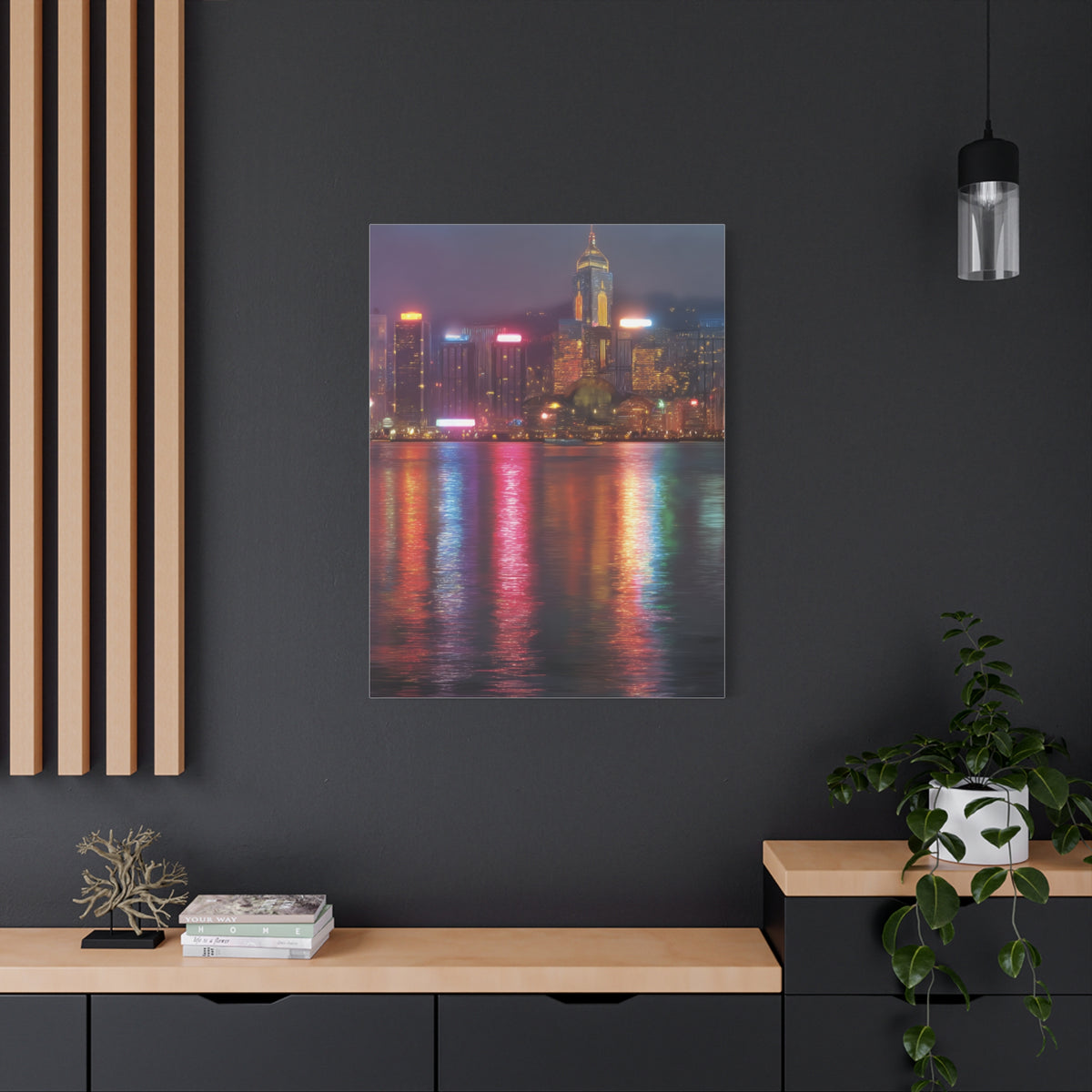 Hong Kong Skyline Rainy Neon Reflections Wall Art & Canvas Print