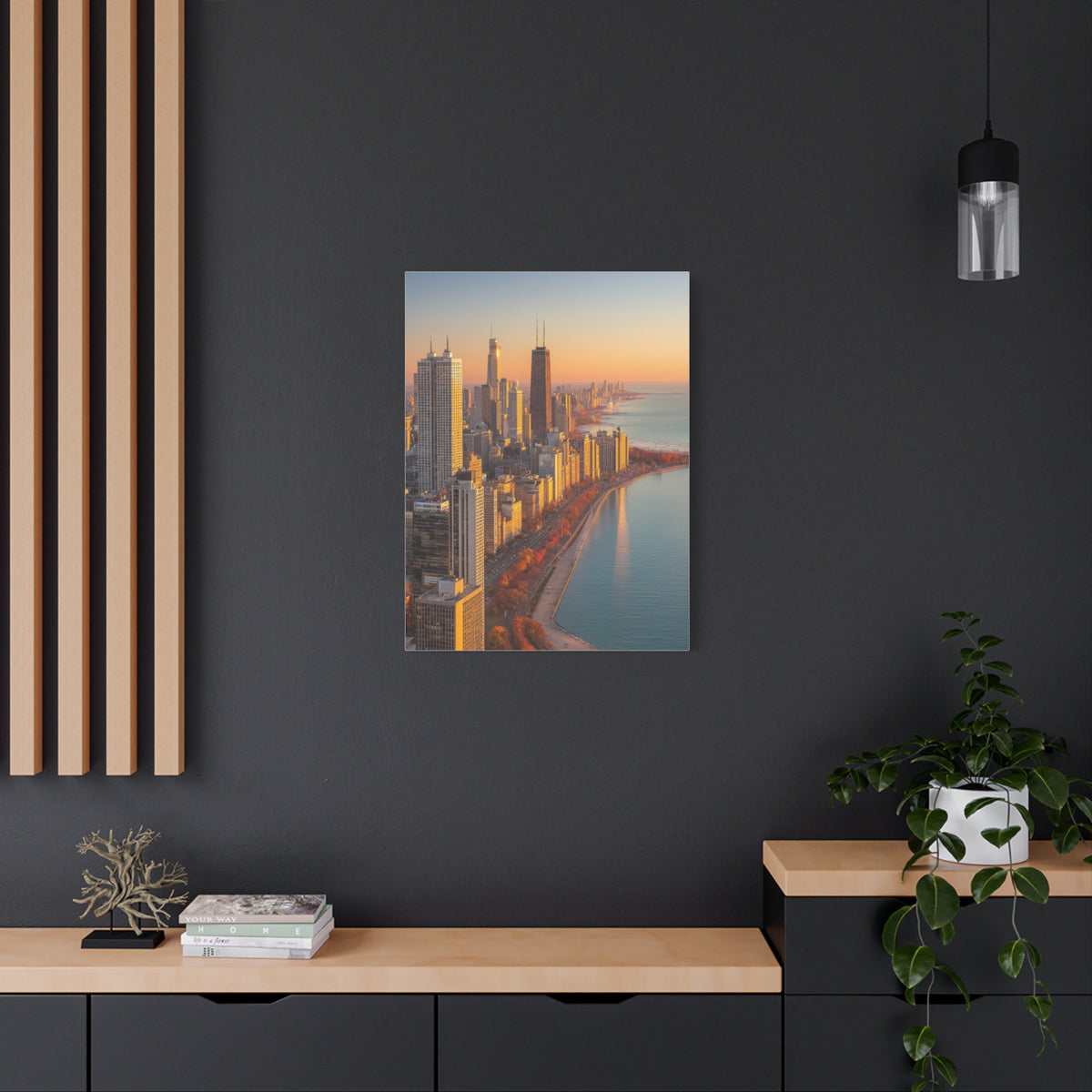 Chicago Skyline Autumn Sunset Along Lake Michigan Wall Art & Canvas Print