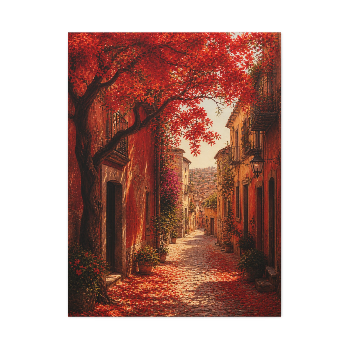 Autumn Red Blossom Street Scene Wall Art & Canvas Print