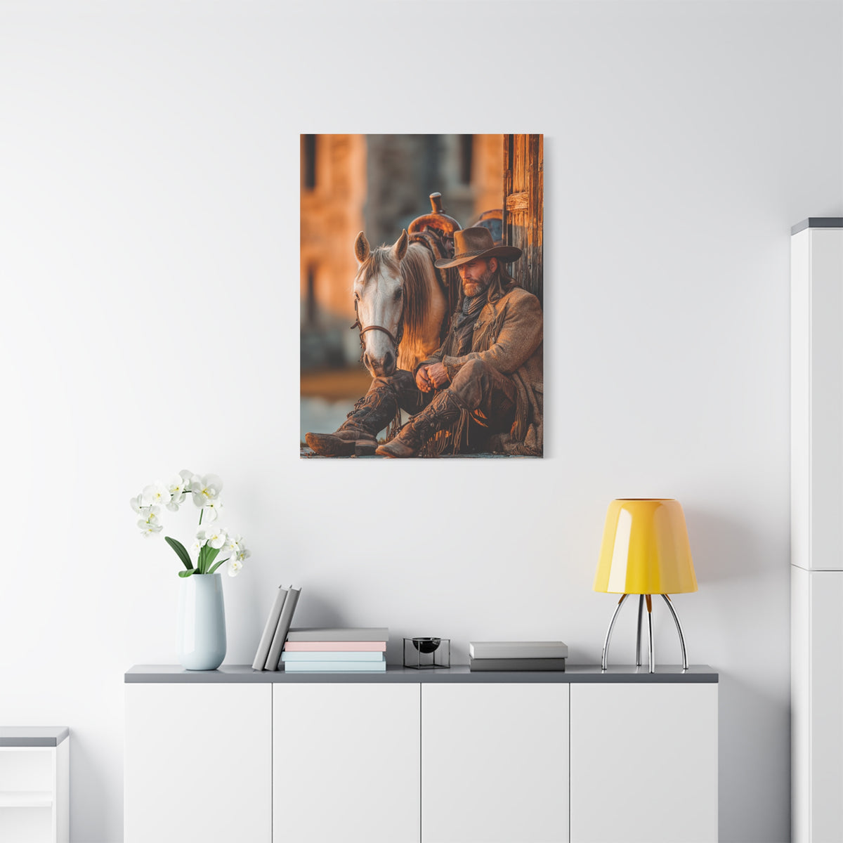 Cowboy Resting Beside His Horse Wall Art & Canvas Print