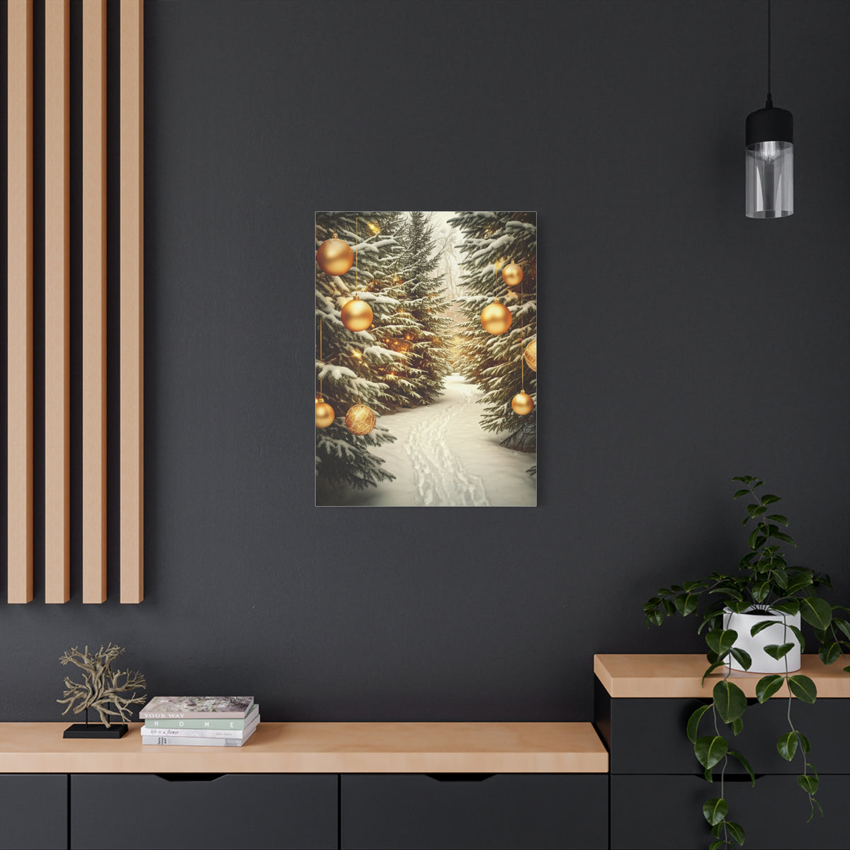 Snowy Pine Path With Golden Christmas Ornaments Wall Art & Canvas Print