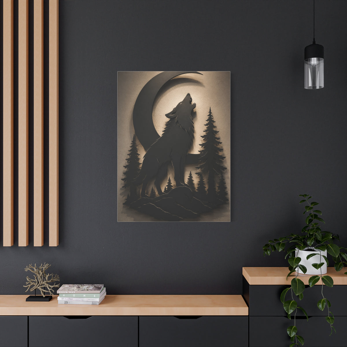 Matte Black Howling Wolf Moon Silhouette Wall Art & Canvas Print