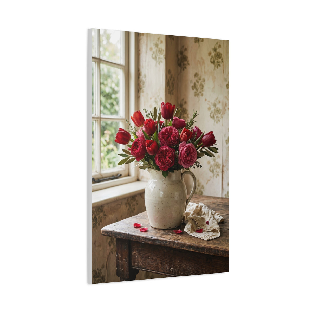English Cottage Red Tulip Still Life Wall Art & Canvas Print