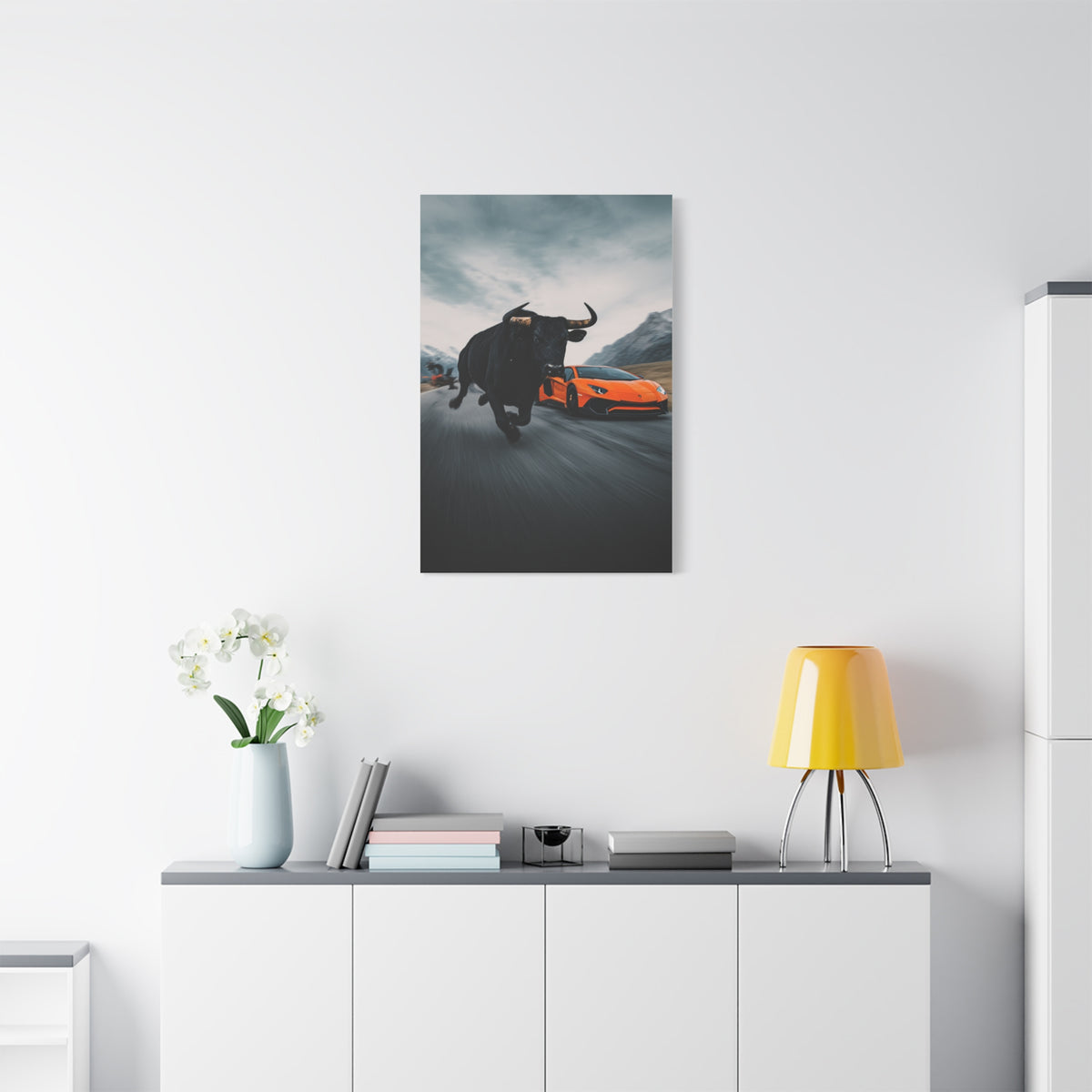 Charging Bull vs Lamborghini Aventador Power Duel Wall Art & Canvas Print