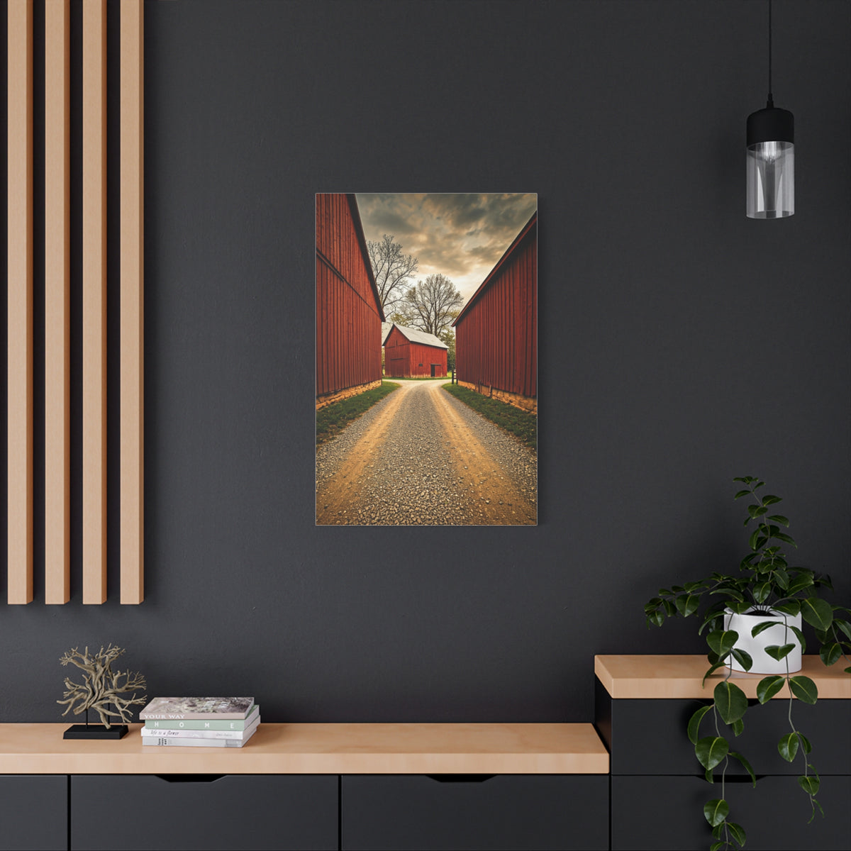 Country Lane Between Red Barns Wall Art & Canvas Prints