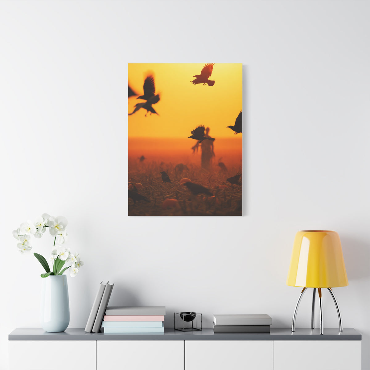 Crows Rising Over Pumpkin Field at Sunset Wall Art & Canvas Print