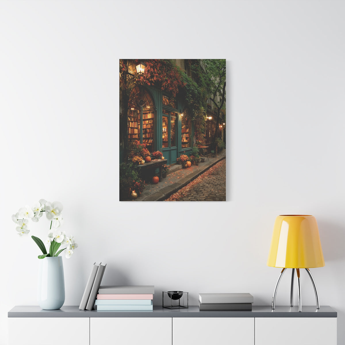 Autumn Bookshop Street Scene Wall Art & Canvas Print