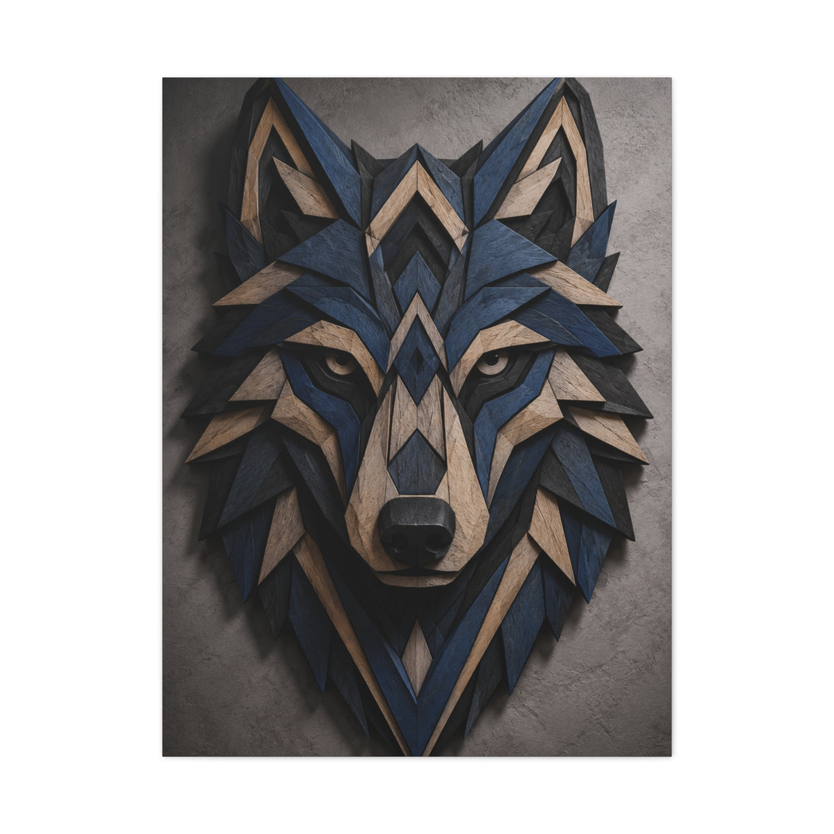Layered Blue Geometric Wolf Head Sculpture Wall Art & Canvas Print