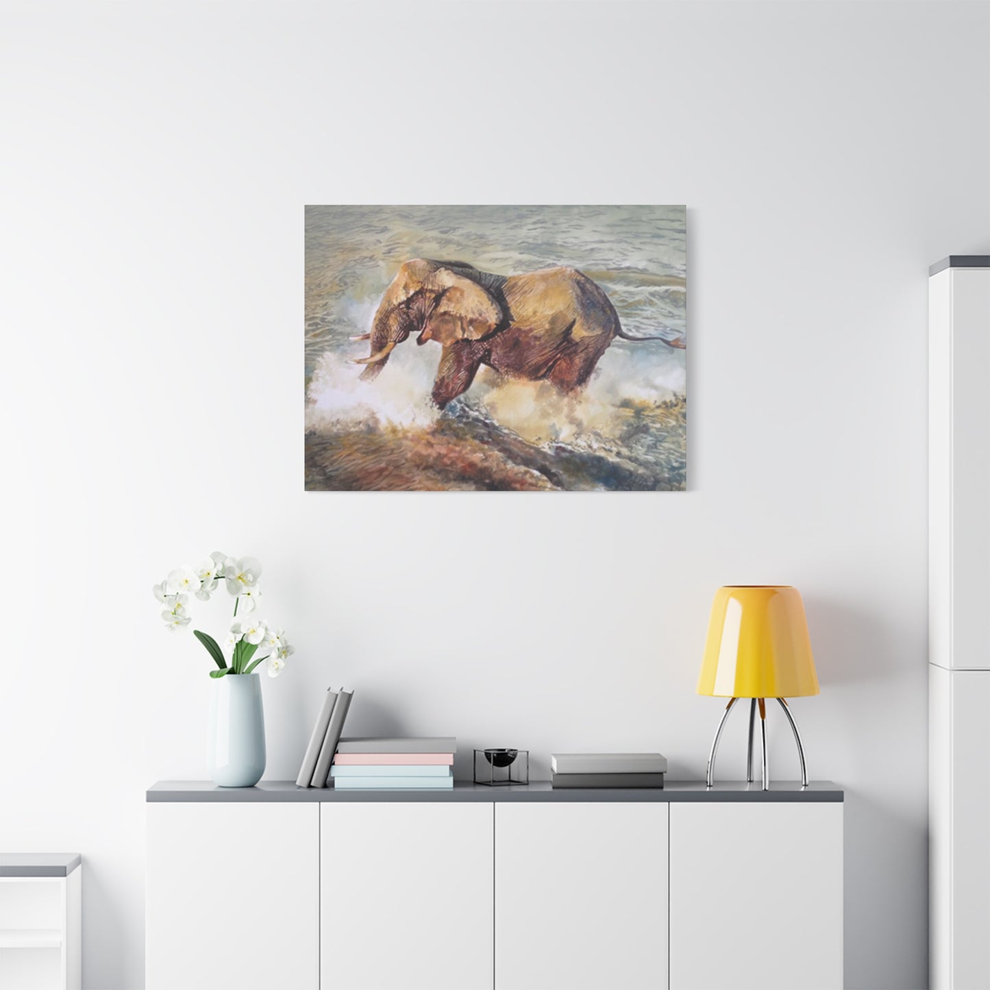 Bathing Elephant Wildlife Painting Wall Art & Canvas Prints