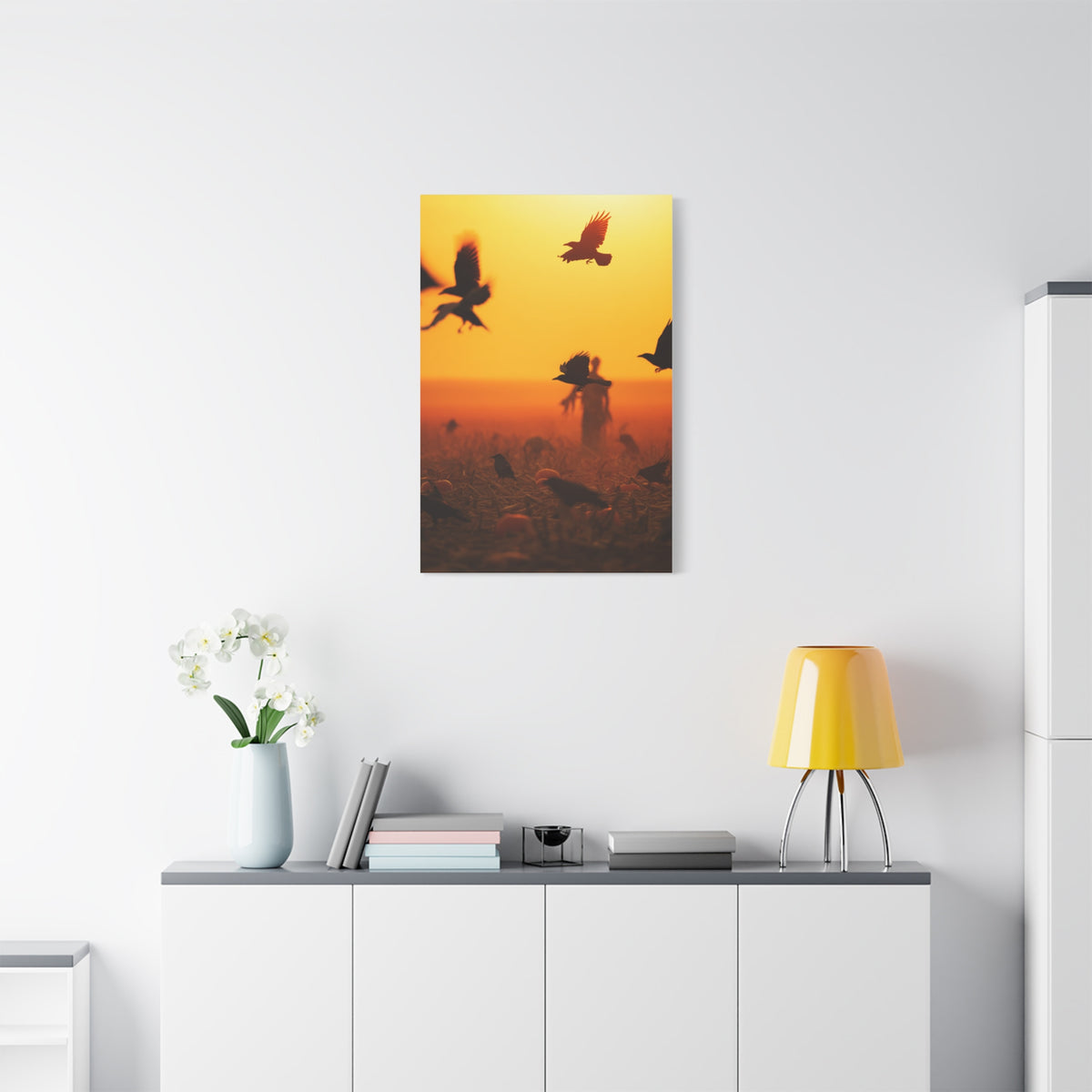 Crows Rising Over Pumpkin Field at Sunset Wall Art & Canvas Print
