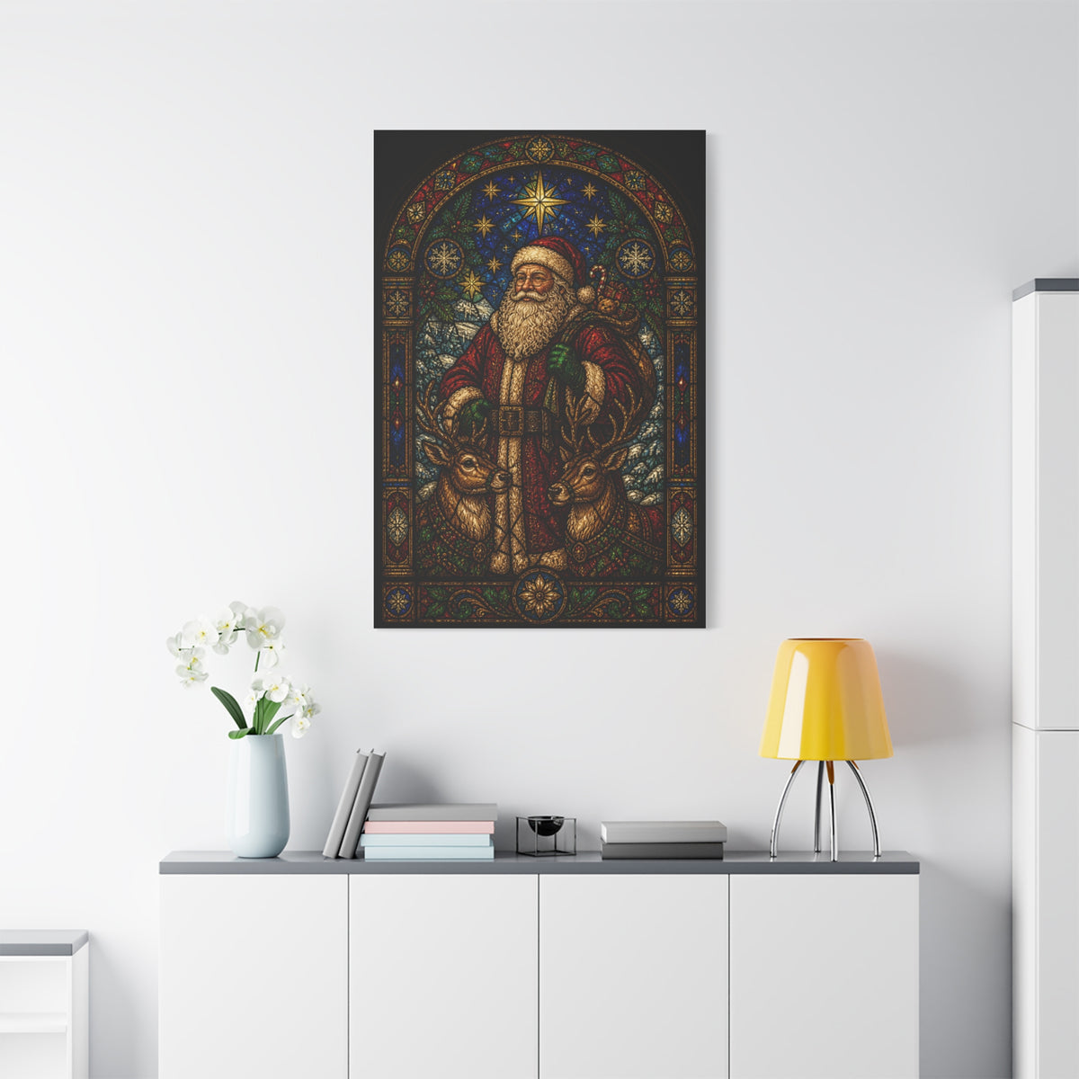Stained Glass Santa and Reindeer Wall Art & Canvas Print