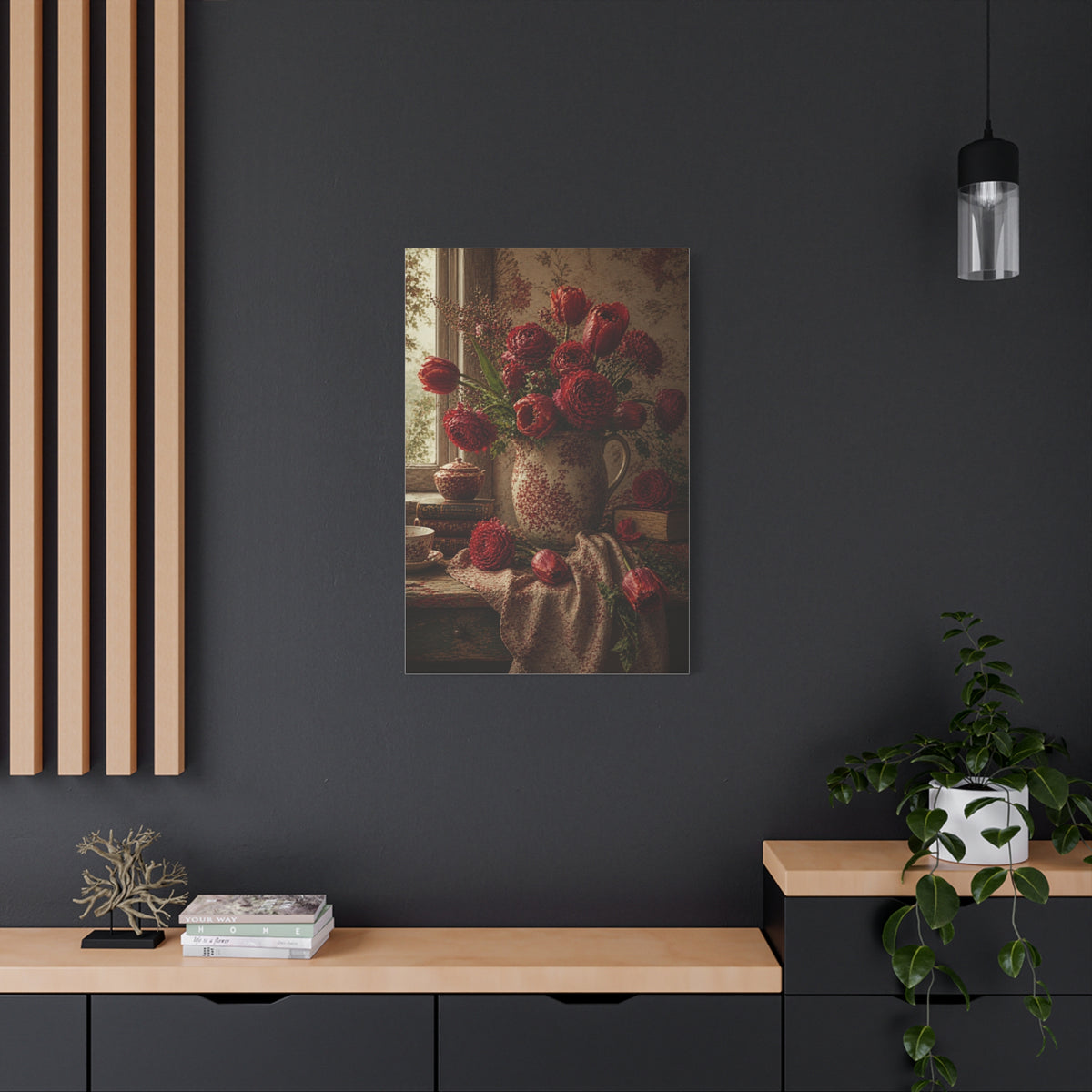 English Cottage Red Floral Still Life Wall Art & Canvas Print